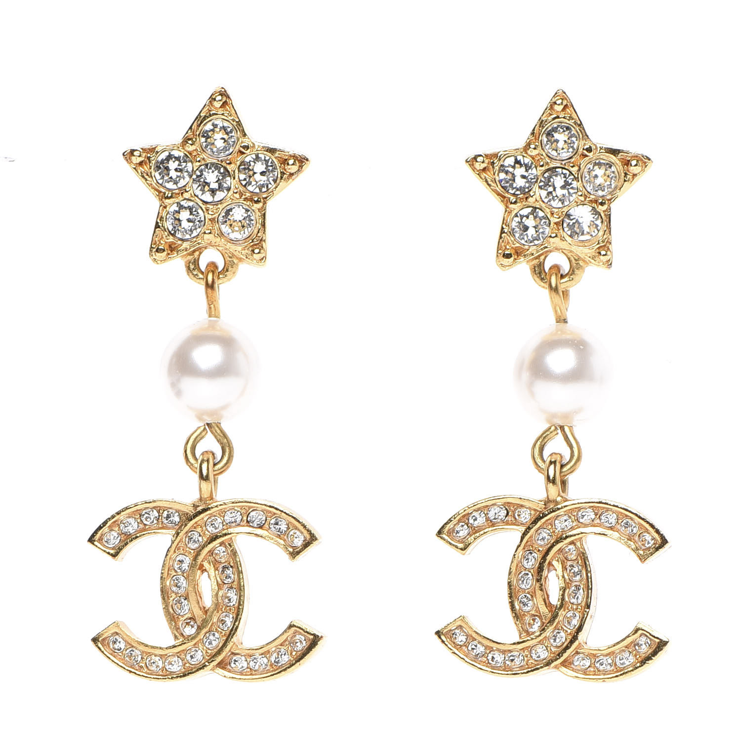 Chanel Crystal Pearl Cc Star Drop Earrings Gold Fashionphile