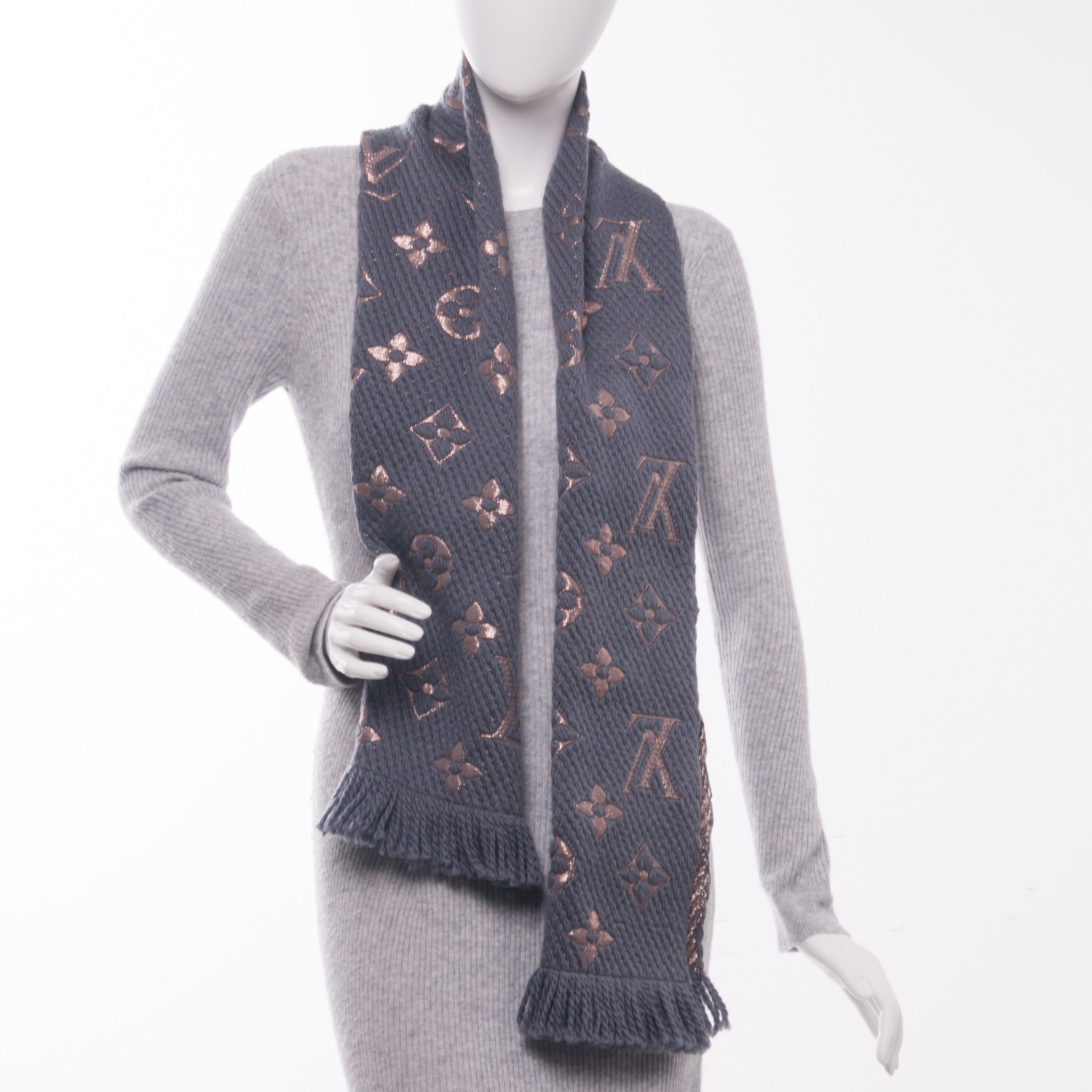 LOUIS VUITTON Wool Silk Logomania Shine Scarf Grey 213216