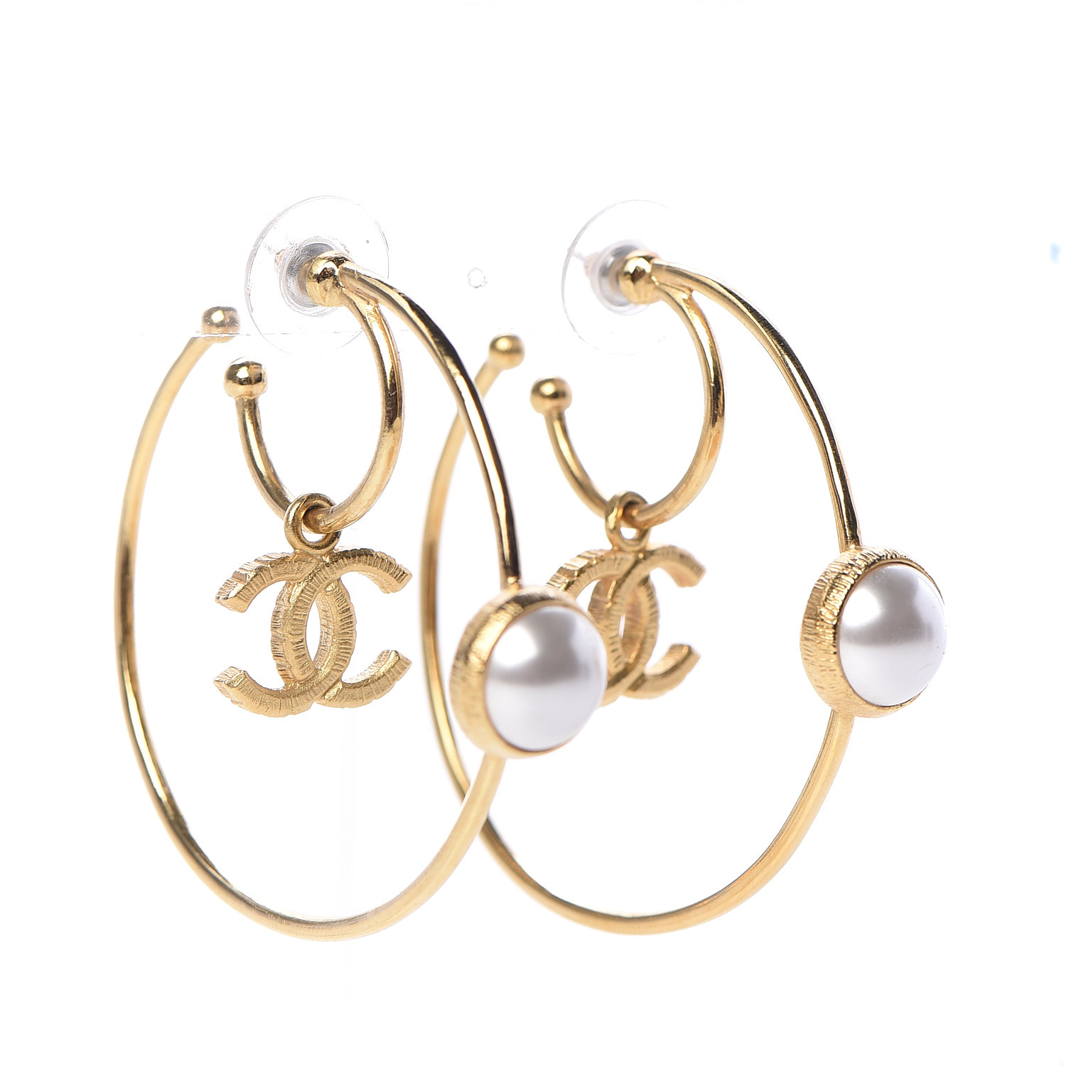CHANEL Pearl CC Tags Hoop Earrings Gold 487755