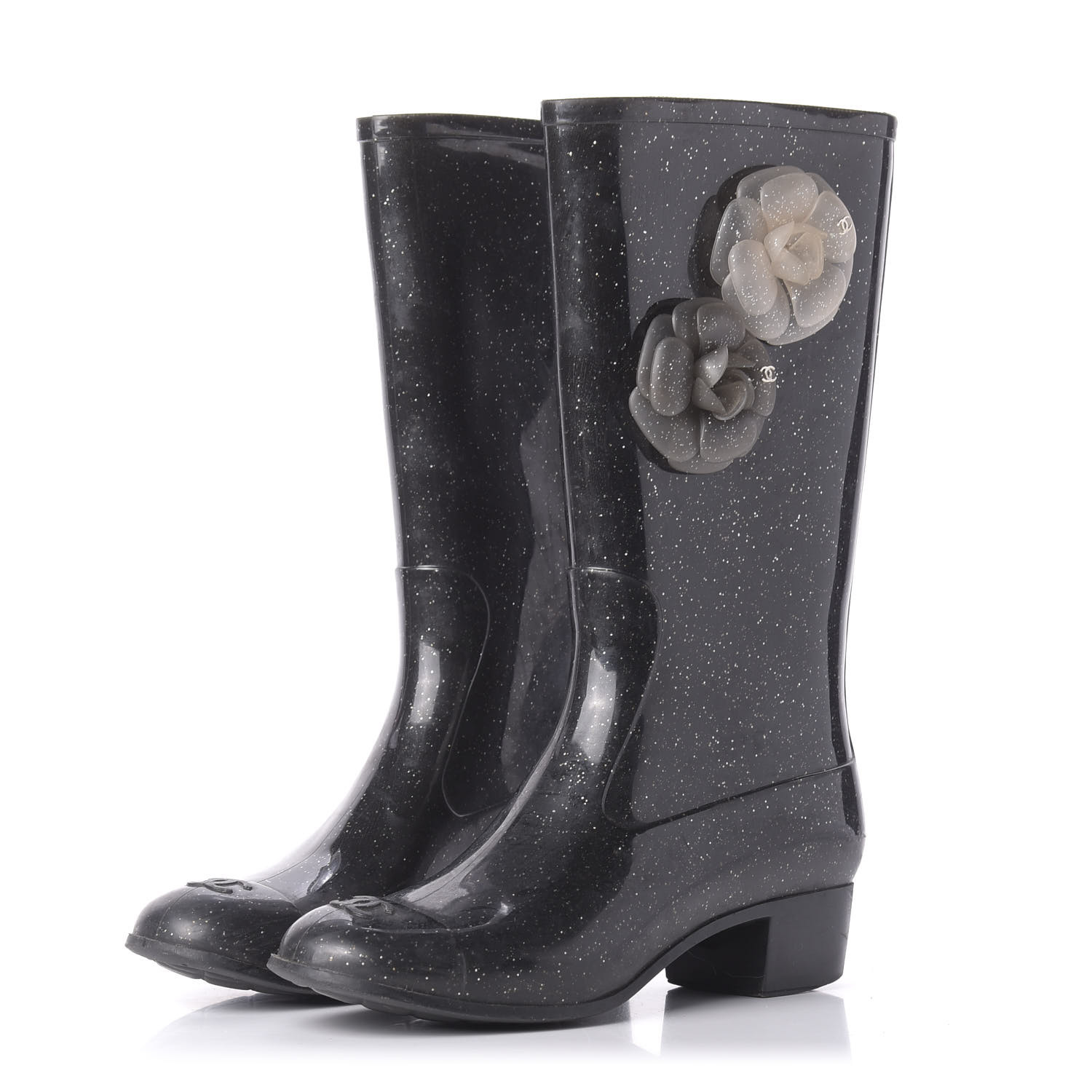 CHANEL Rubber Glitter Camellia Rain Boots 40 Black 624973 | FASHIONPHILE