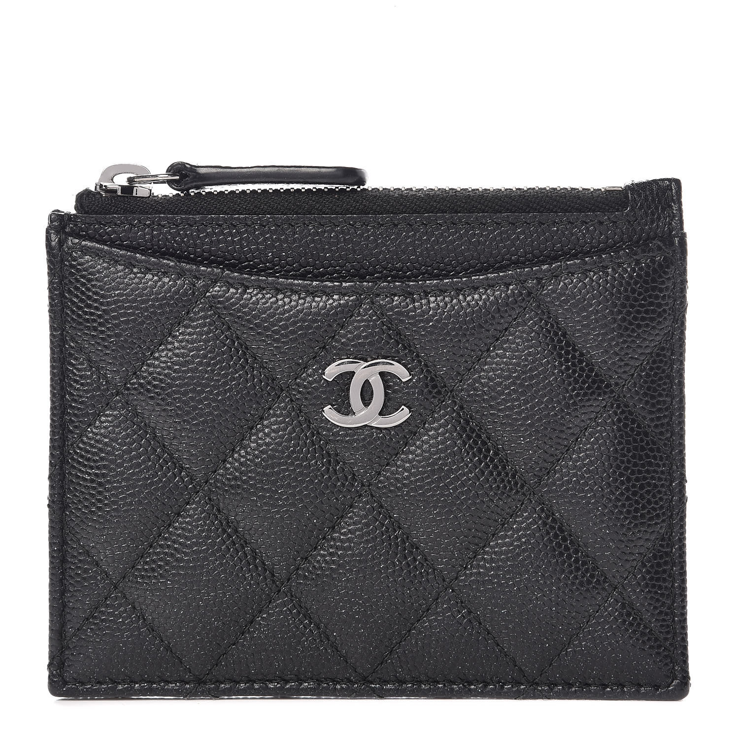CHANEL Iridescent Caviar Quilted CC Zip Card Holder Black 361388