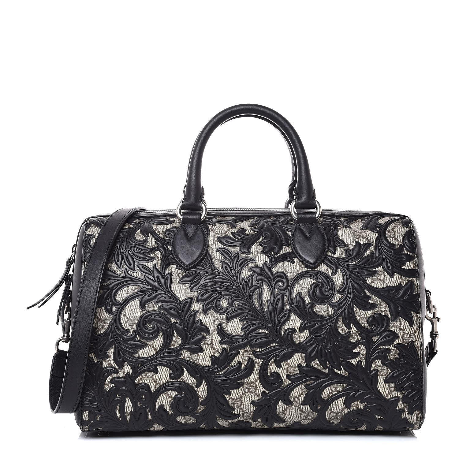 Gucci Gg Supreme Monogram Arabesque Large Top Handle Boston Bag Black