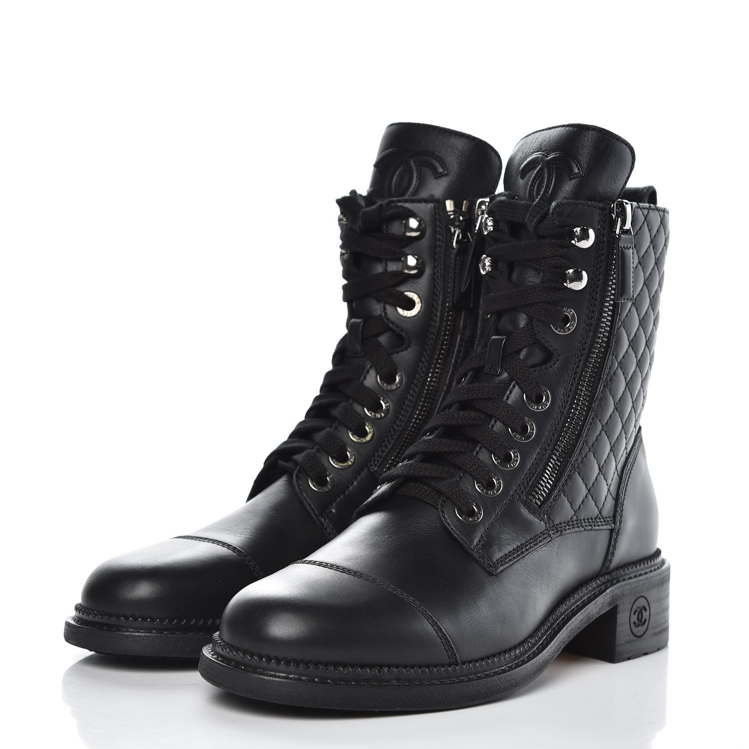 CHANEL Calfskin Combat Boots 38 Black 360063