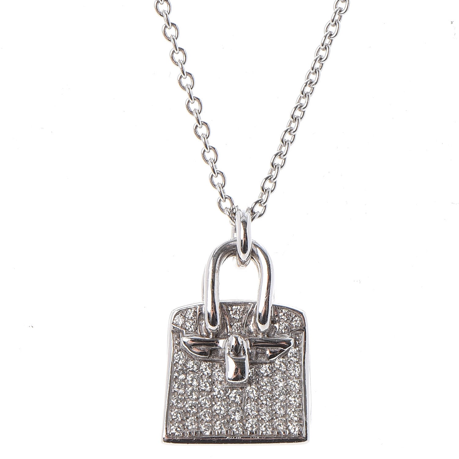 HERMES 18K White Gold Diamond Birkin Amulette Pendant Necklace Small 267484