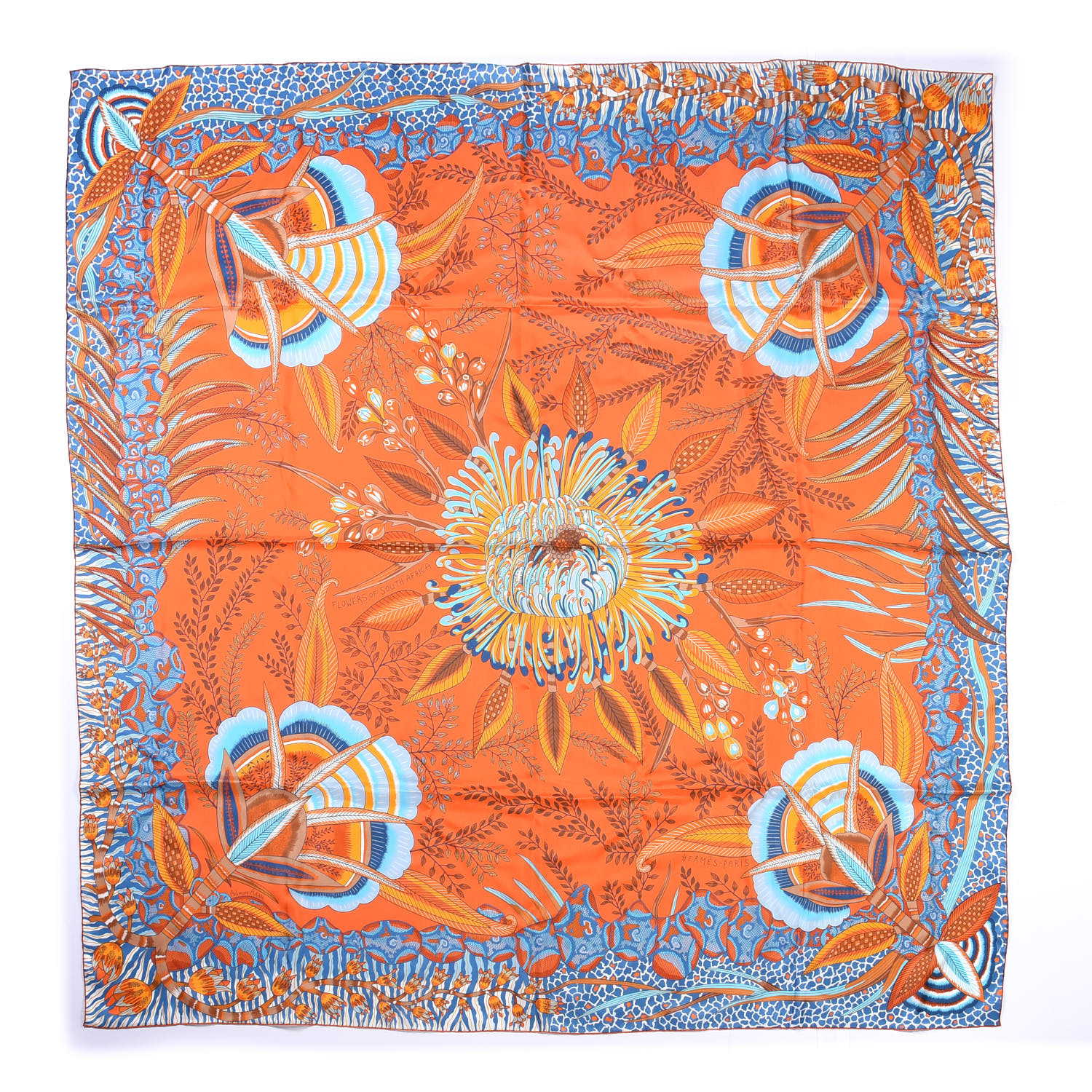 HERMES Silk Flowers of South Africa Scarf 140 Orange Turquoise 