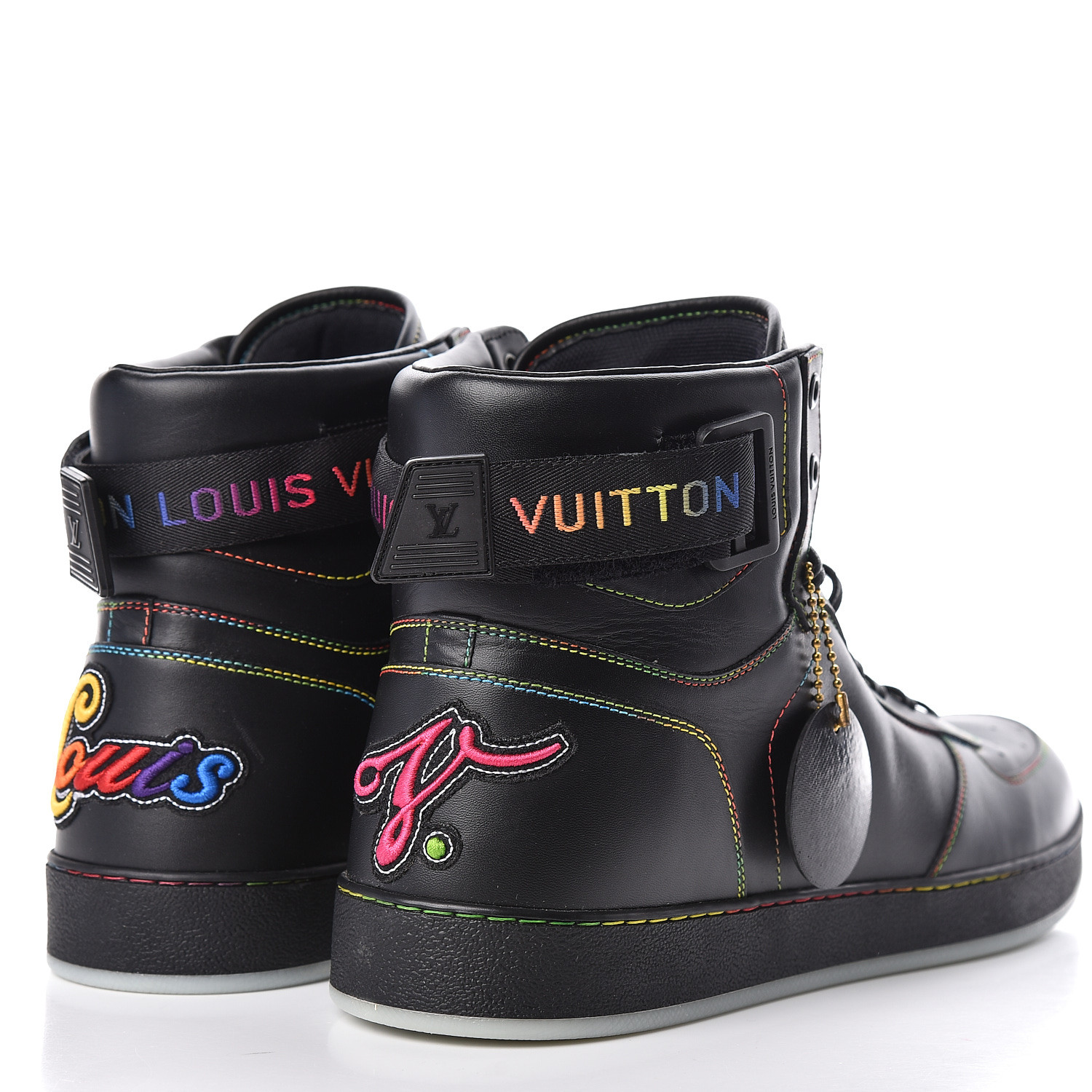 LOUIS VUITTON Calfskin Mens Rivoli High Top Sneakers 10.5 Black Multicolor 474216