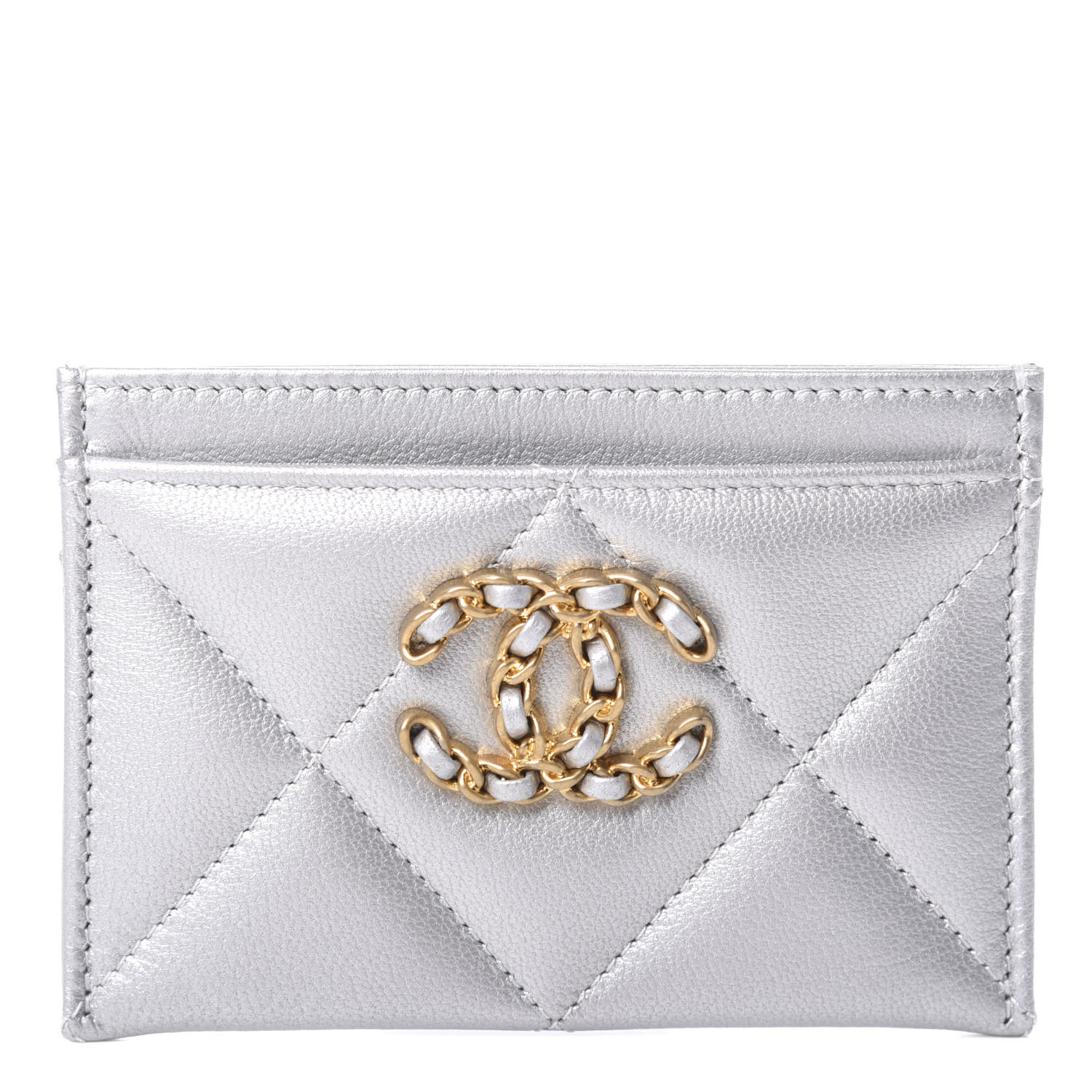 CHANEL Metallic Goatskin Quilted 19 Card Holder Silver 617622 