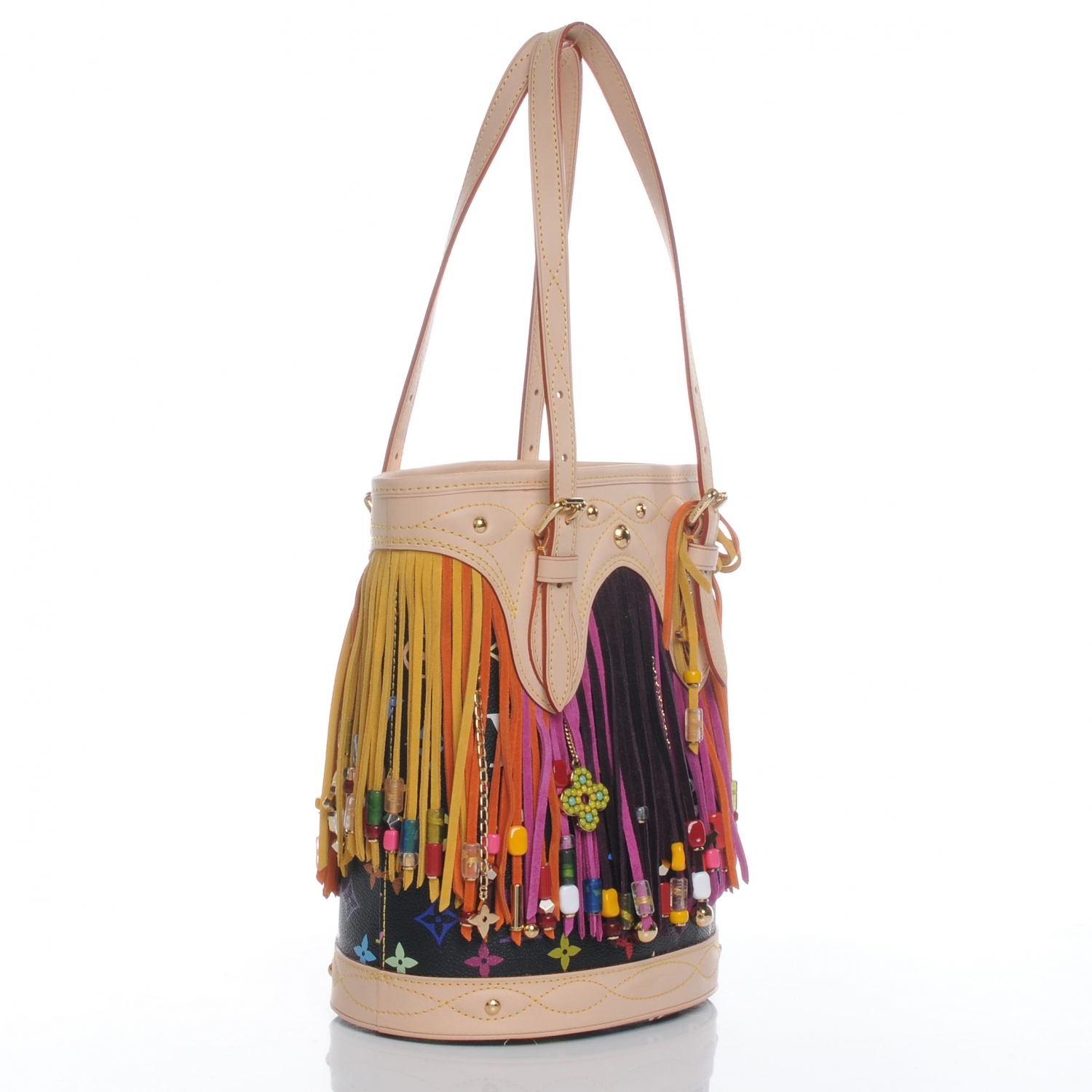 LOUIS VUITTON Multicolor Fringe Bucket Bag Black 47620