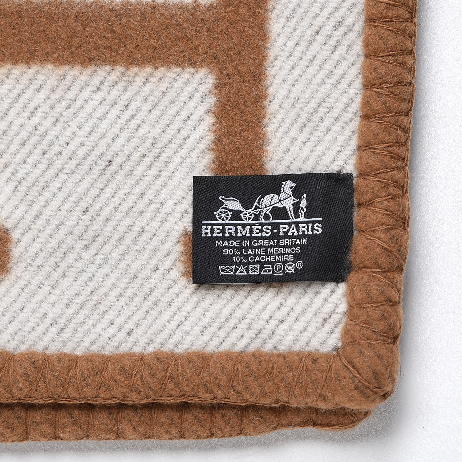 HERMES Wool Cashmere New Classic Avalon Blanket Ecru Camel 251964