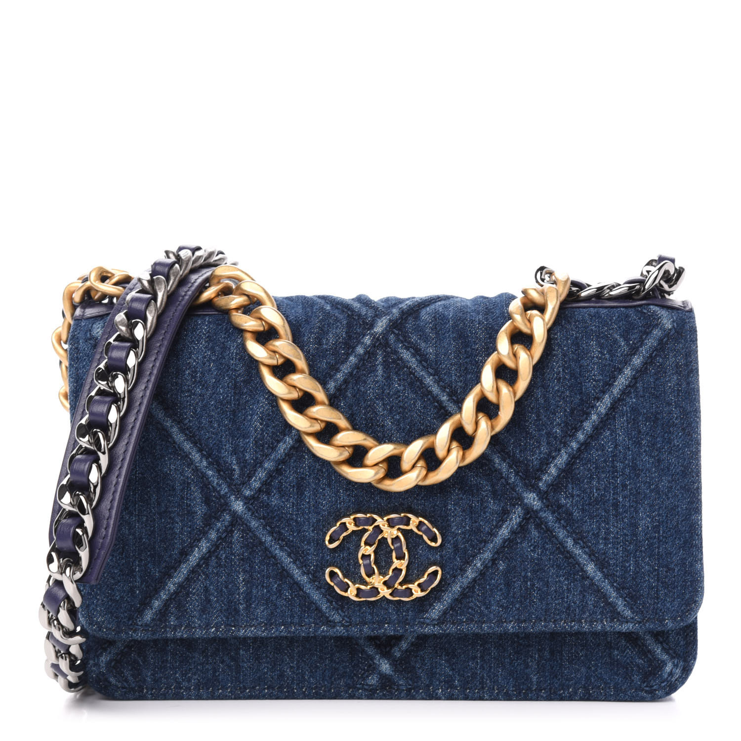 CHANEL Denim Quilted Chanel 19 Wallet On Chain WOC Blue 697210 ...