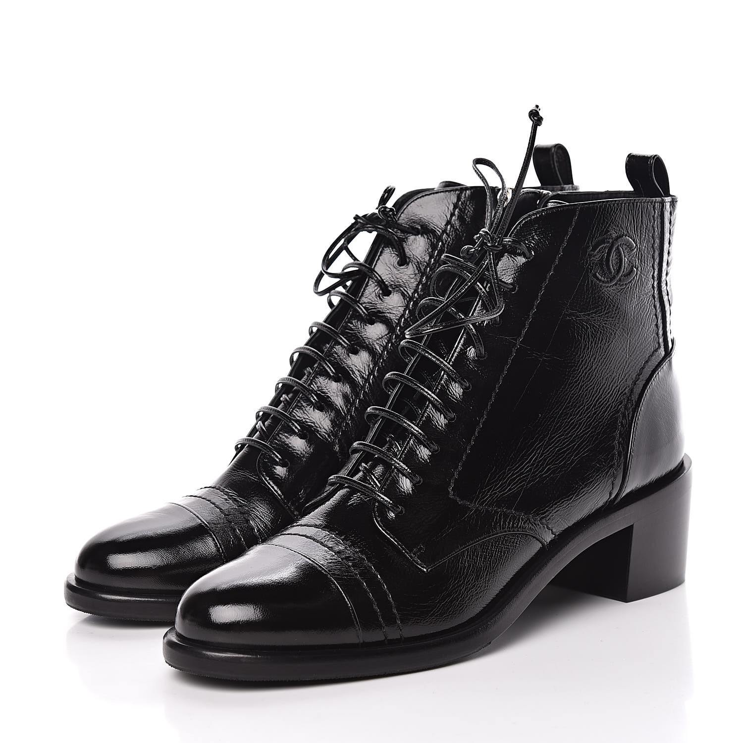 chanel lace up boots black