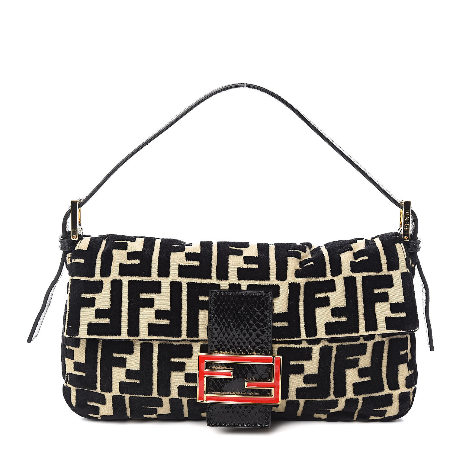 FENDI Velvet Snakeskin Baguette Black White 522273