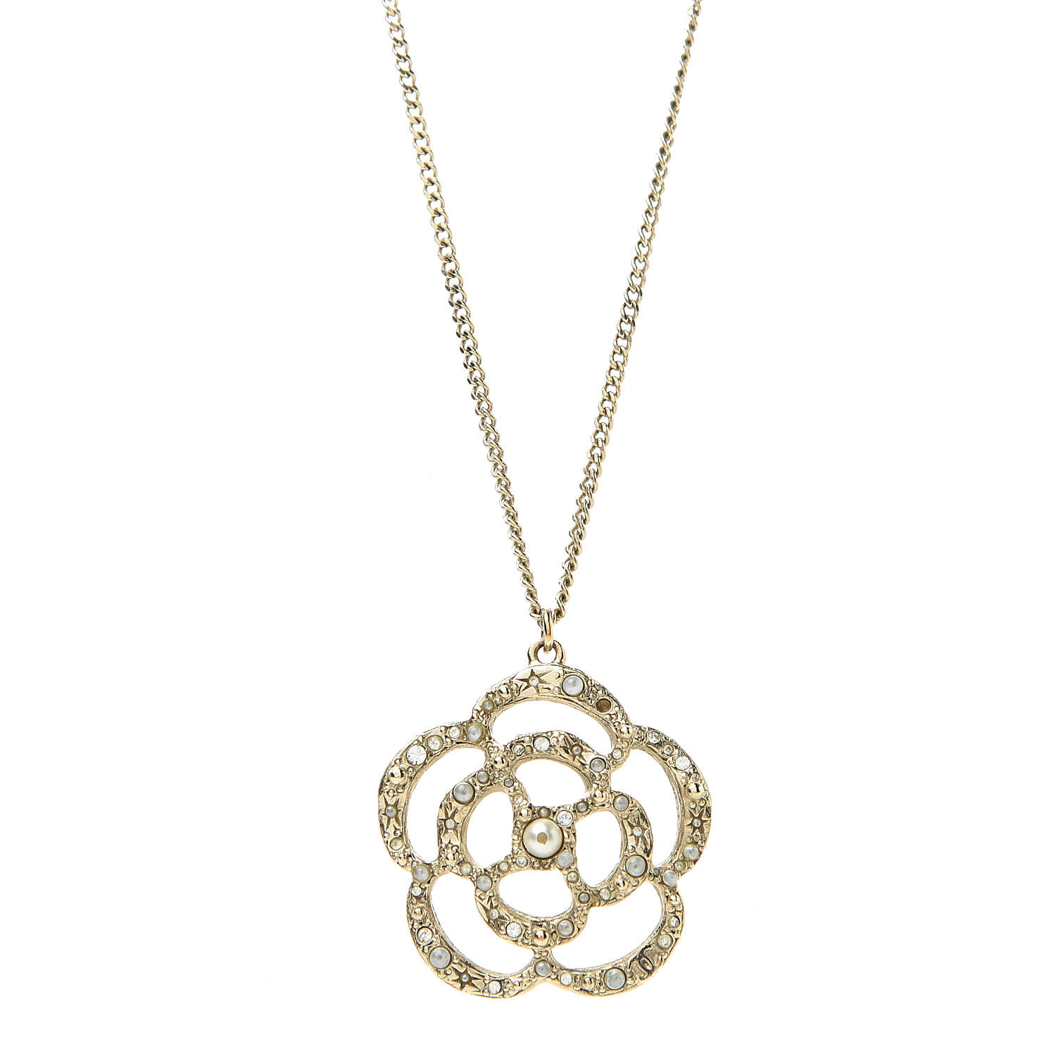 CHANEL Crystal Pearl Camellia Necklace Gold 522047 | FASHIONPHILE