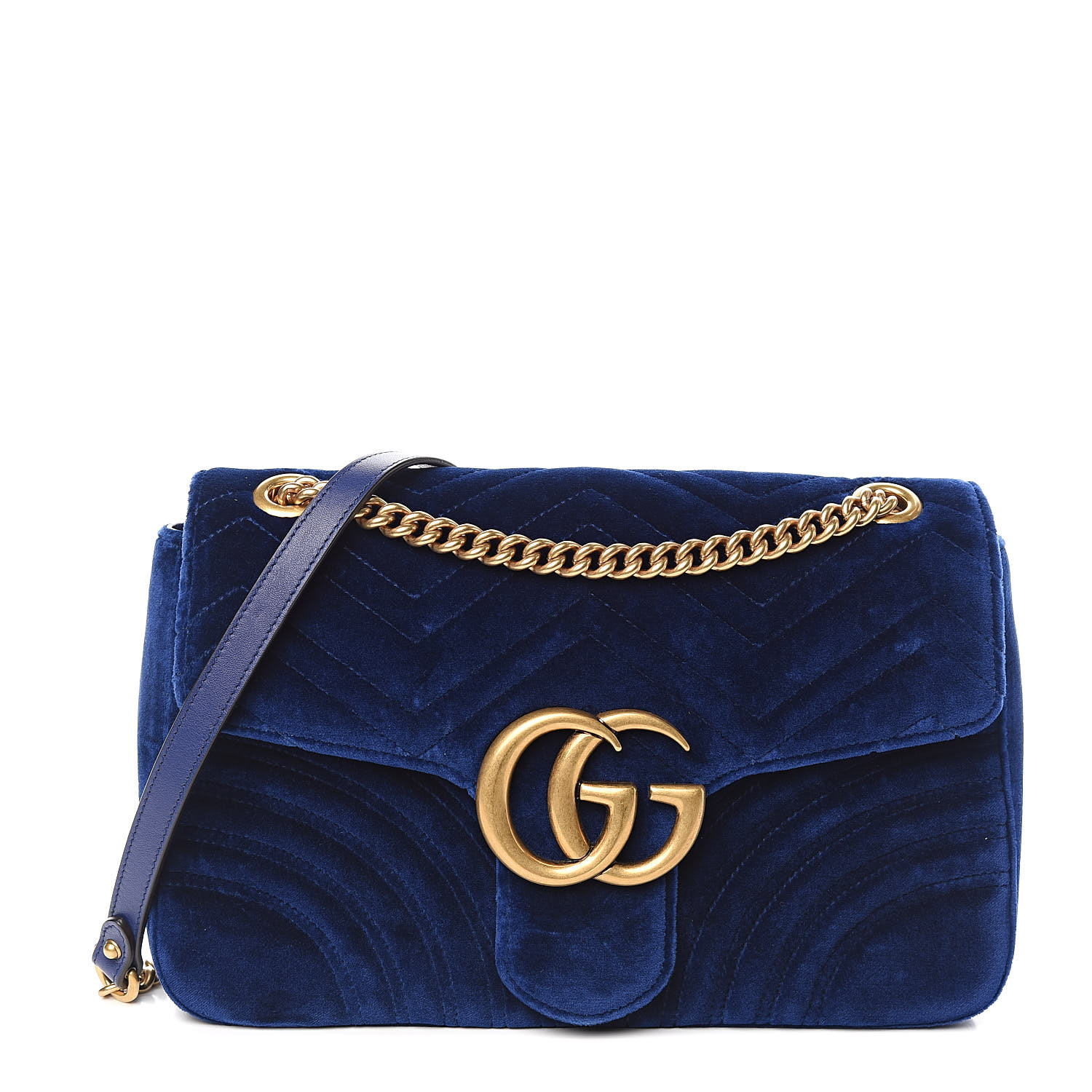 GUCCI Velvet Matelasse Medium GG Marmont Shoulder Bag Cobalt Blue 522750