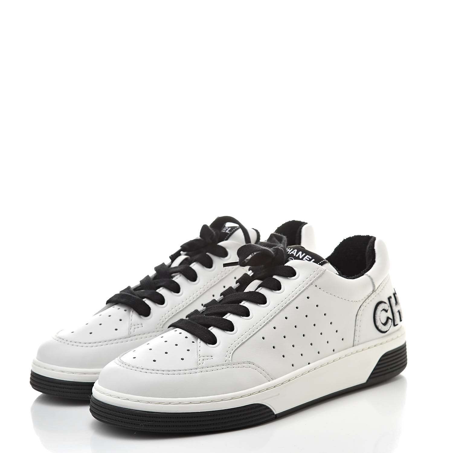 CHANEL Calfskin Womens Logo Sneakers 39 Black White 523085