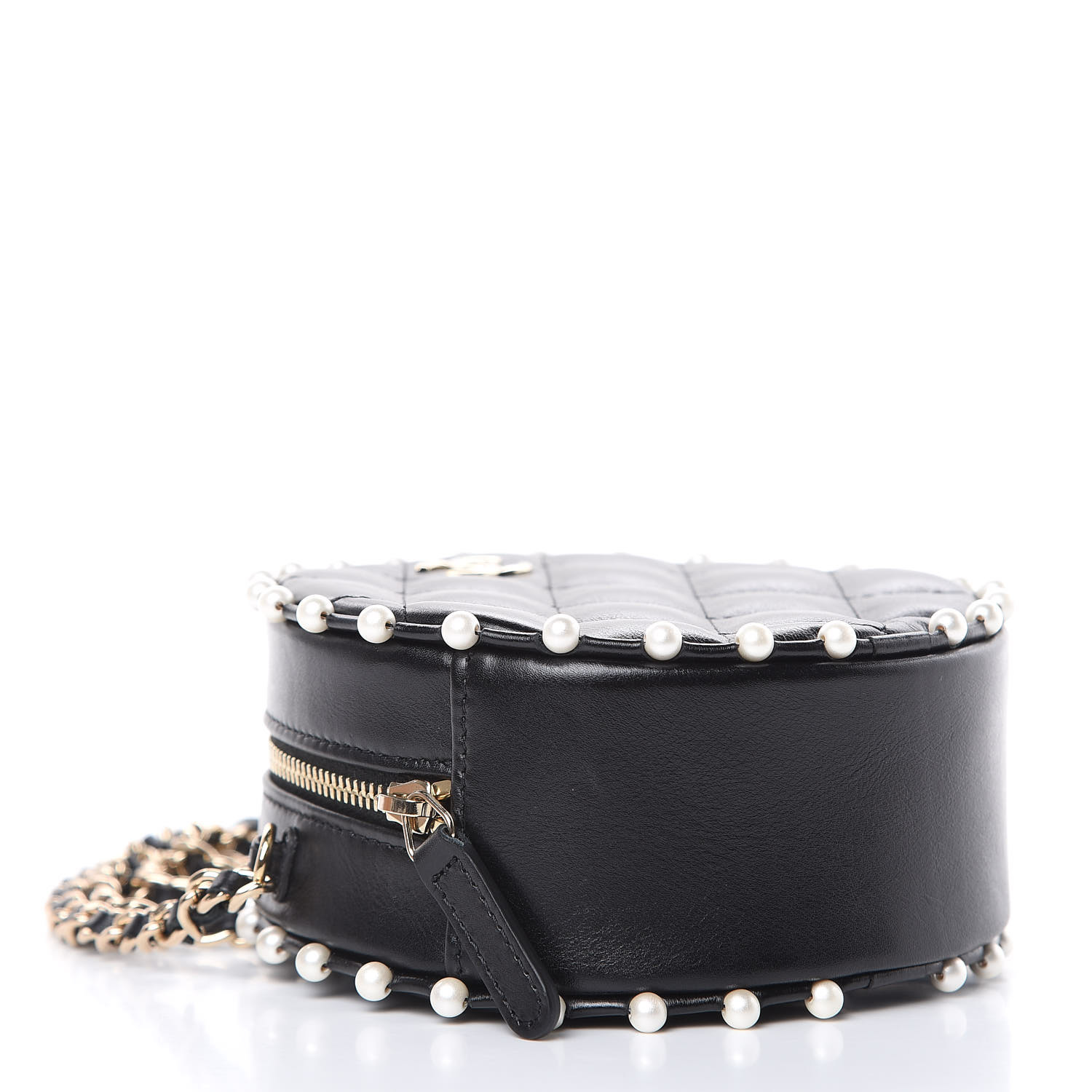 CHANEL Calfskin Quilted Pearl Round Clutch With Chain Black 450381