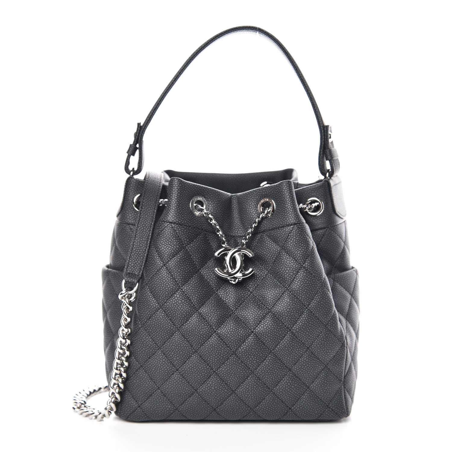 CHANEL Grained Calfskin Quilted Small Chain Bucket Bag Grey 363578