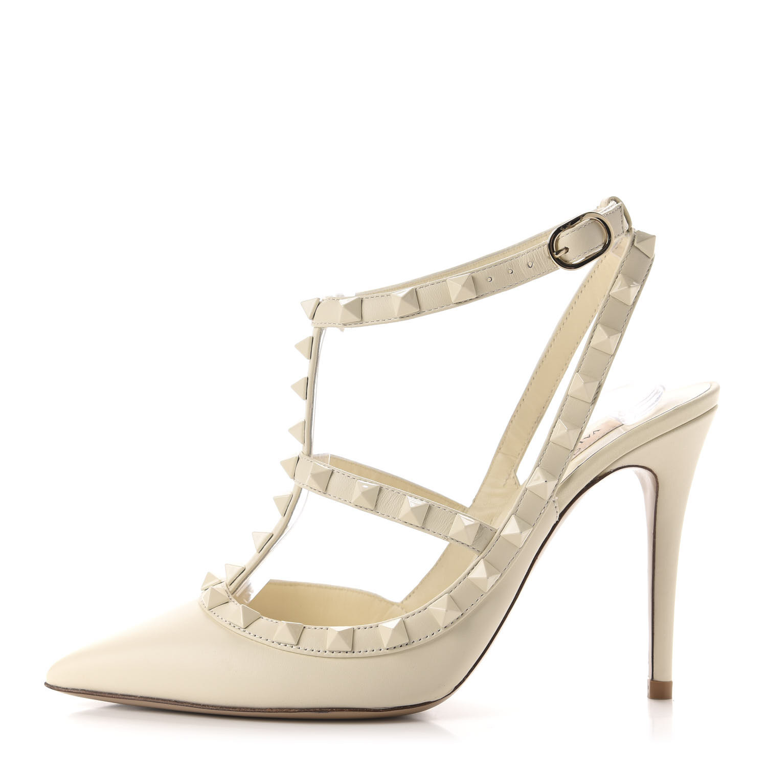 VALENTINO Pebbled Calfskin Rockstud Ankle Pumps 36.5 Ivory 639061 FASHIONPHILE