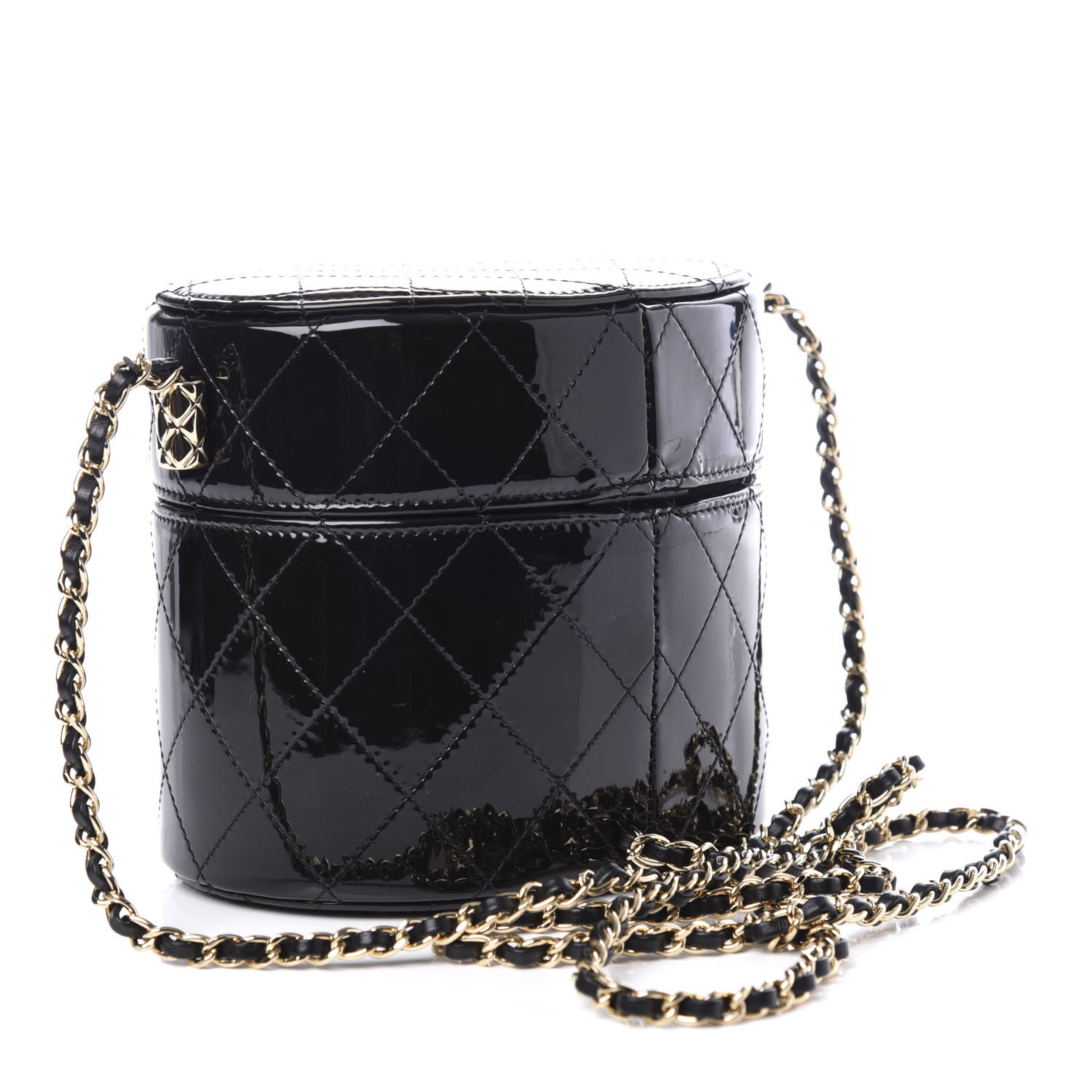 CHANEL Patent Quilted Round Clutch With Chain Black 609957