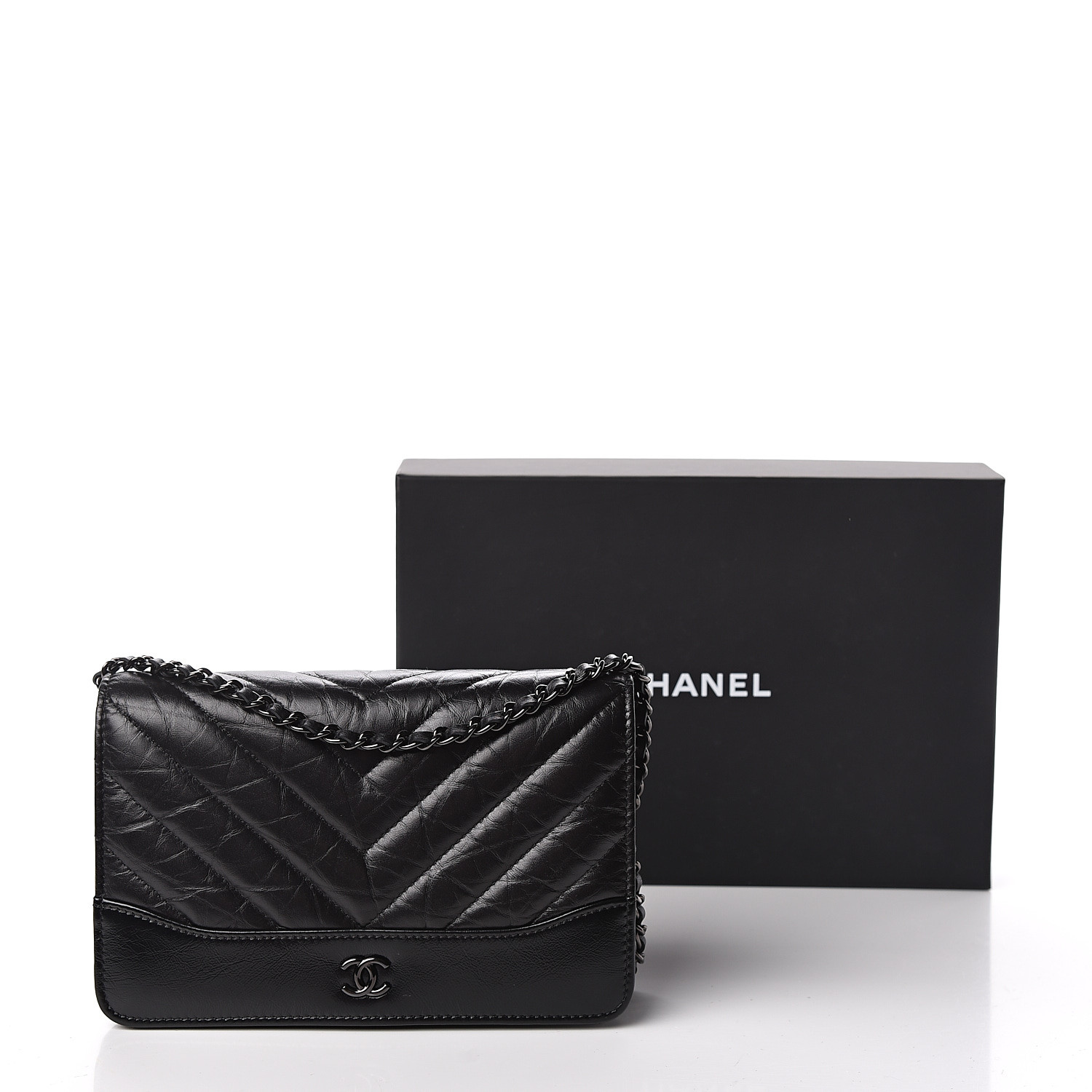 CHANEL Aged Calfskin Chevron Quilted Gabrielle Wallet On Chain WOC