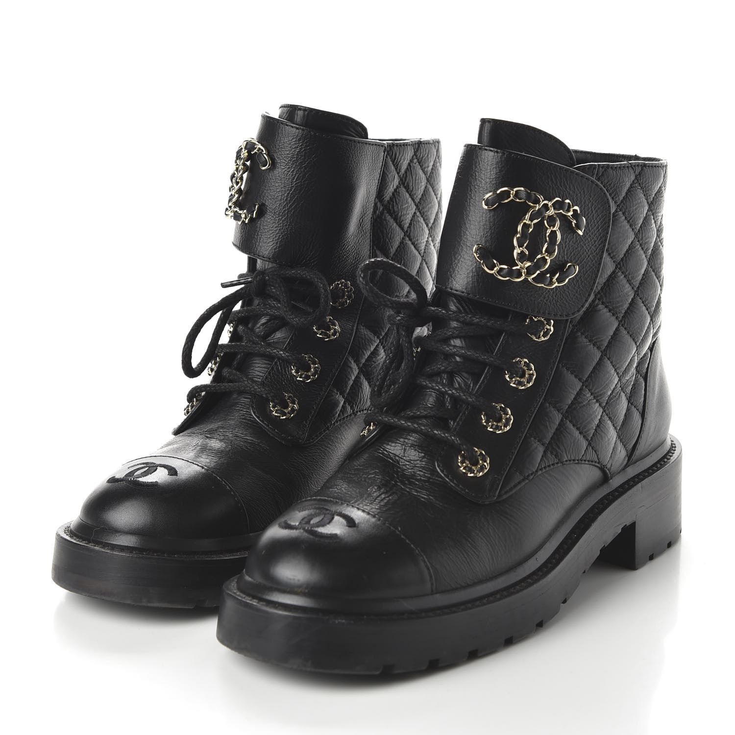 CHANEL Shiny Goatskin Calfskin Combat Boots 38 Black 685380 | FASHIONPHILE