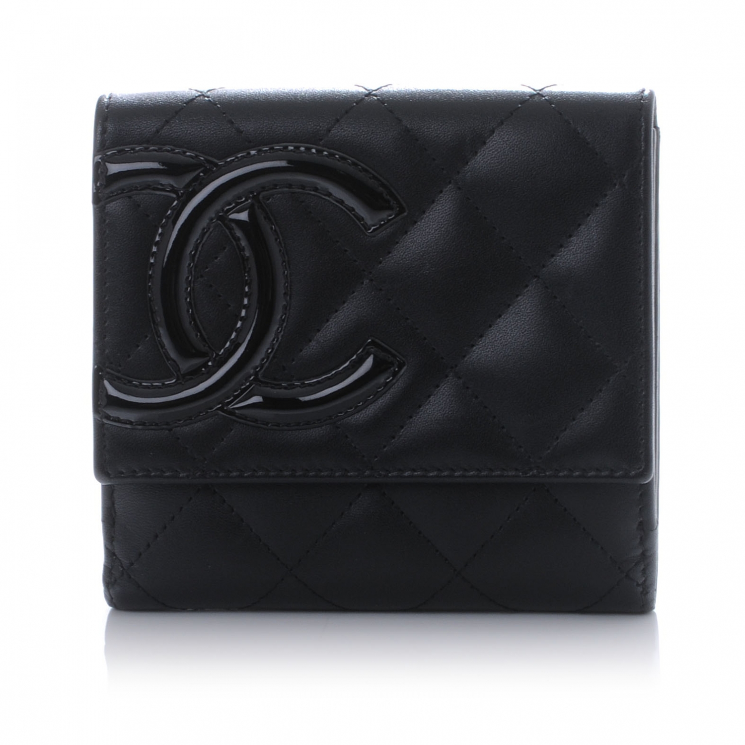 CHANEL Calfskin Quilted Cambon Compact Wallet Black 45351
