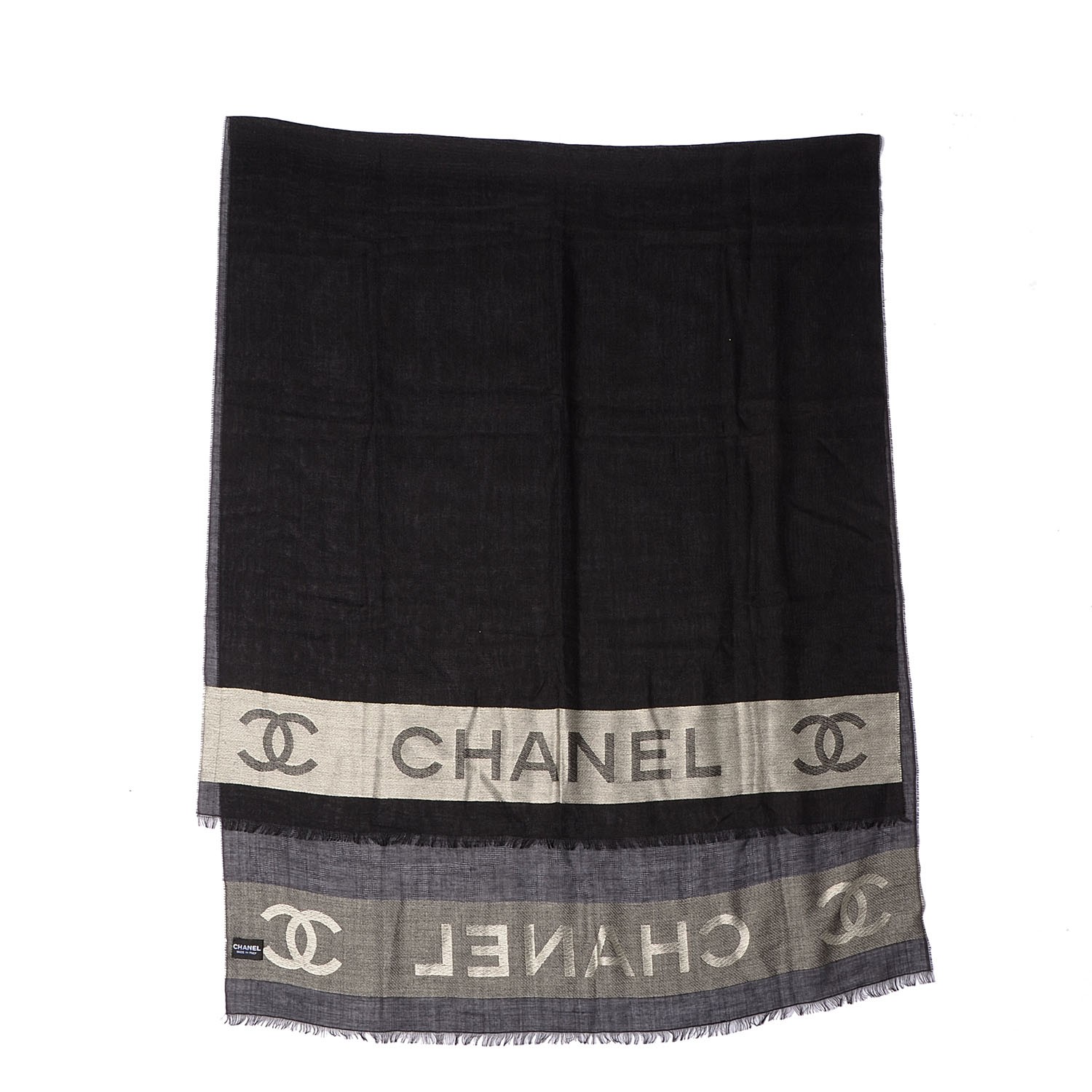 CHANEL Wool Silk Cashmere CC Scarf Shawl Black White 94146
