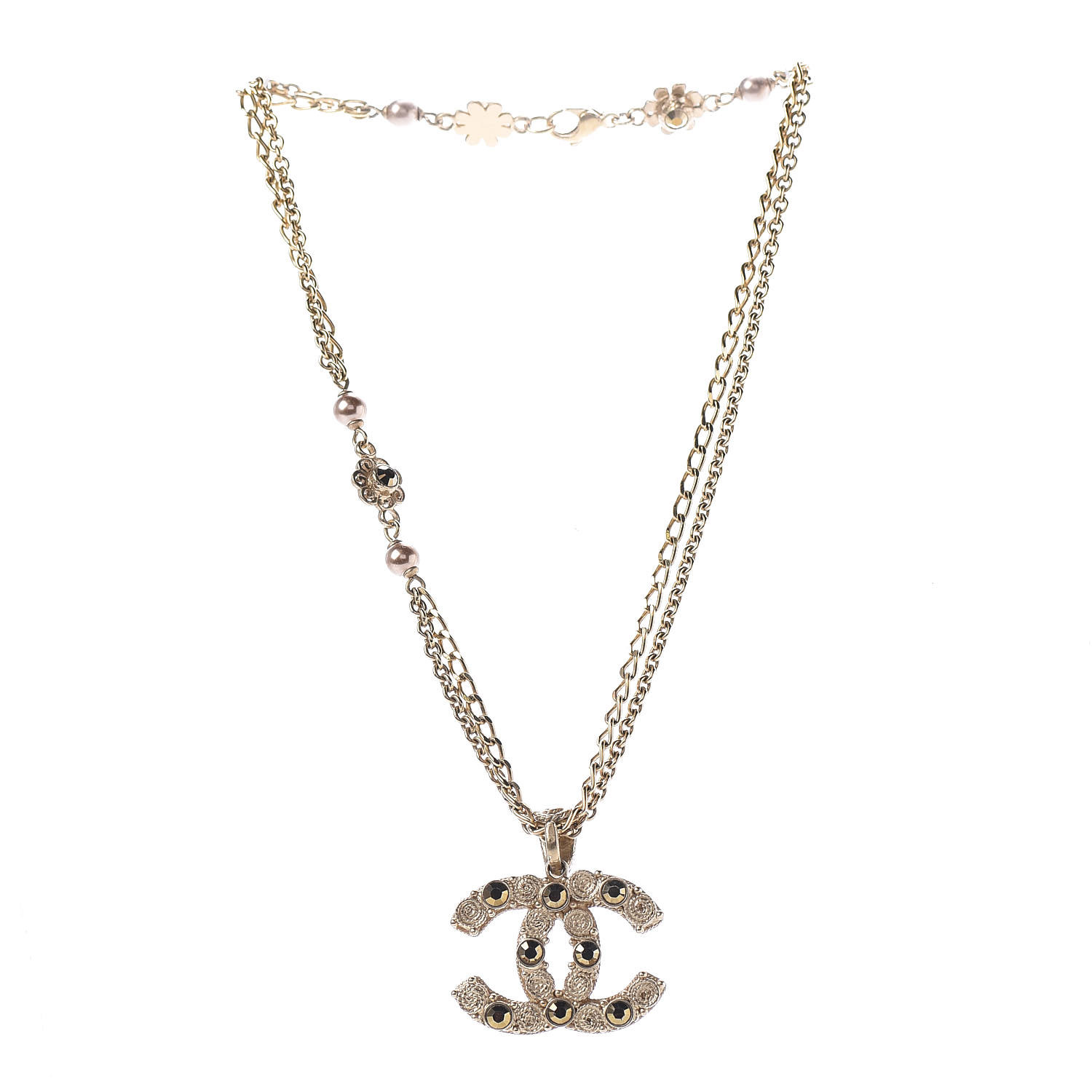 CHANEL Crystal Pearl CC Chain Short Necklace Gold 380856