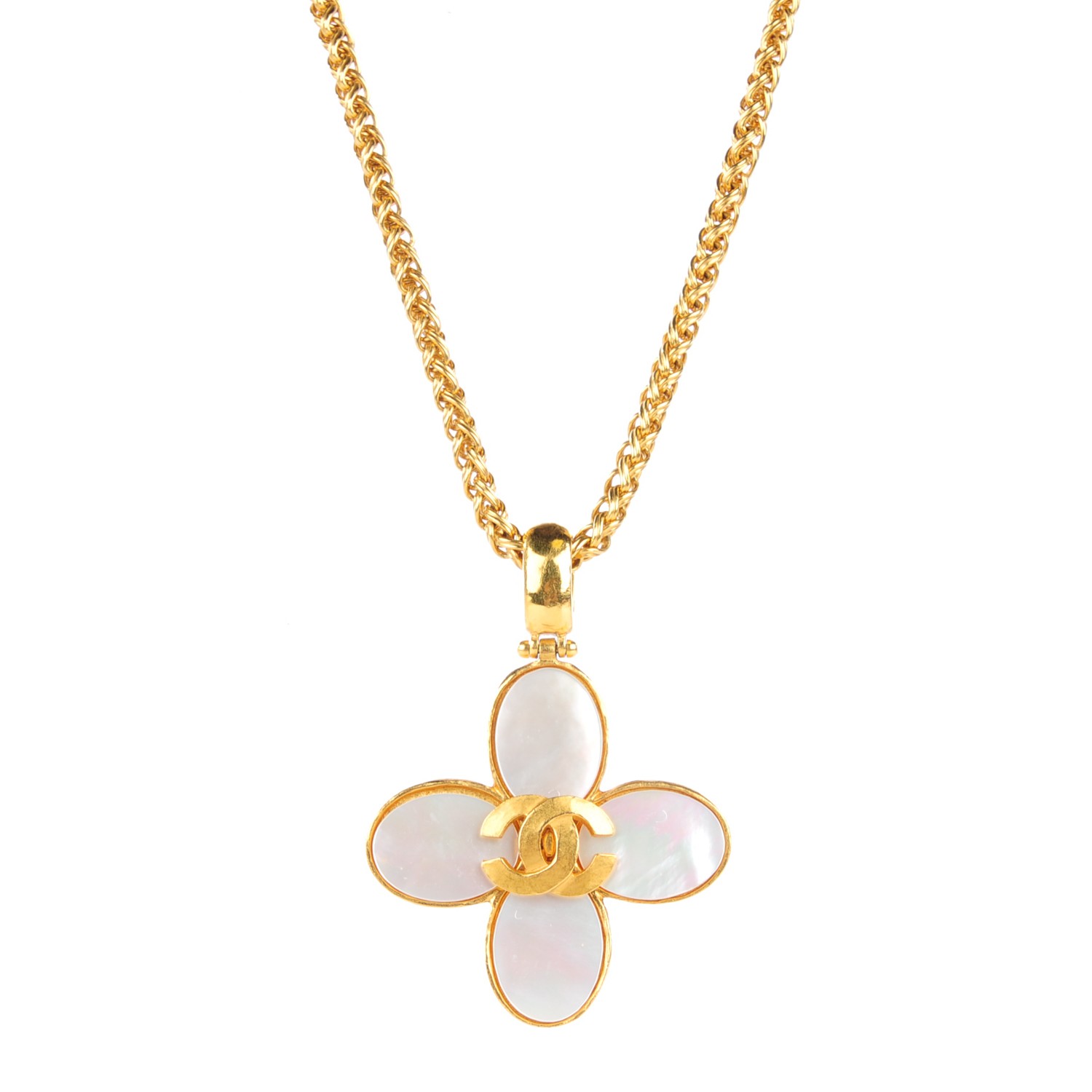 CHANEL Mother of Pearl CC Four Leaf Clover Pendant Necklace Gold 128182