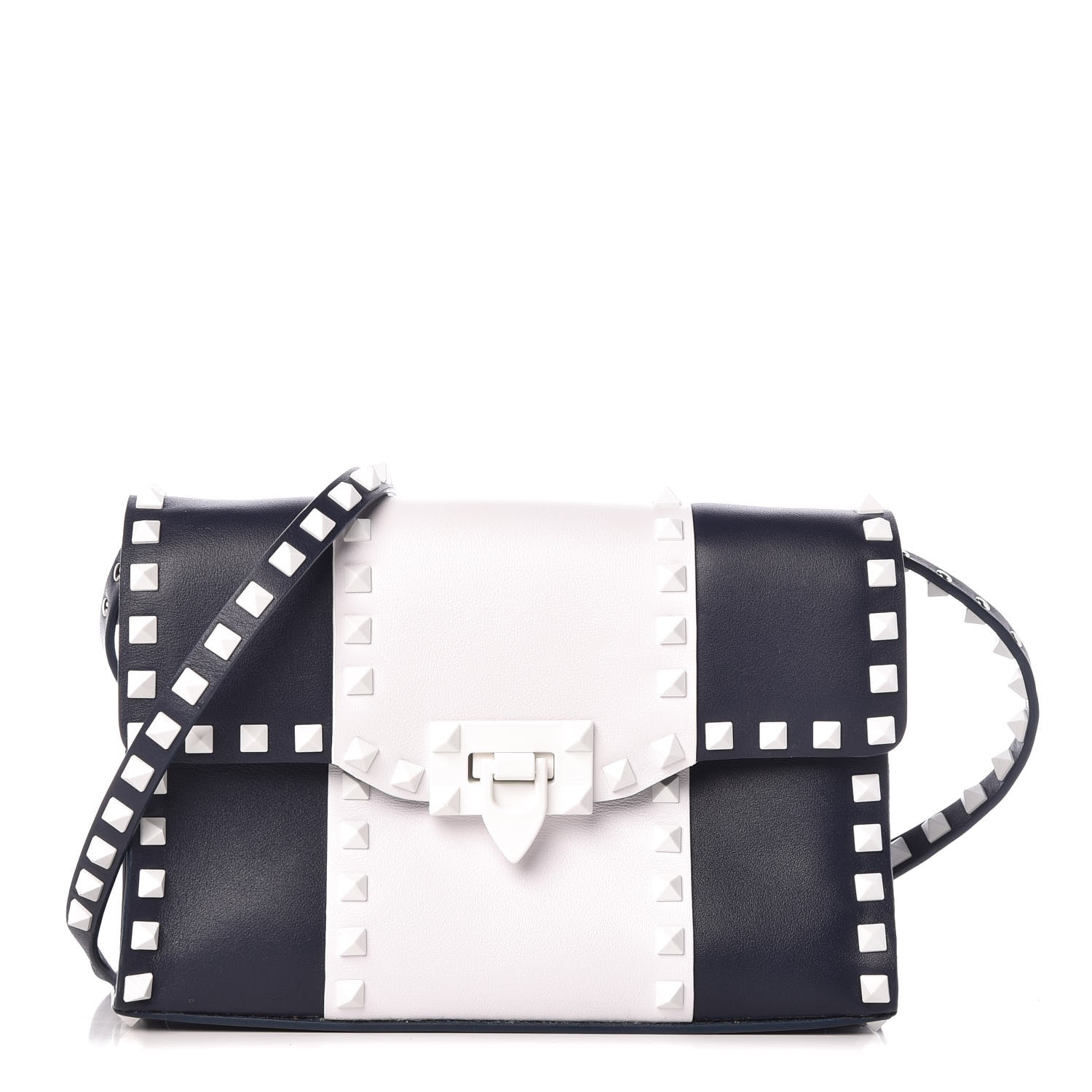 navy and white bag