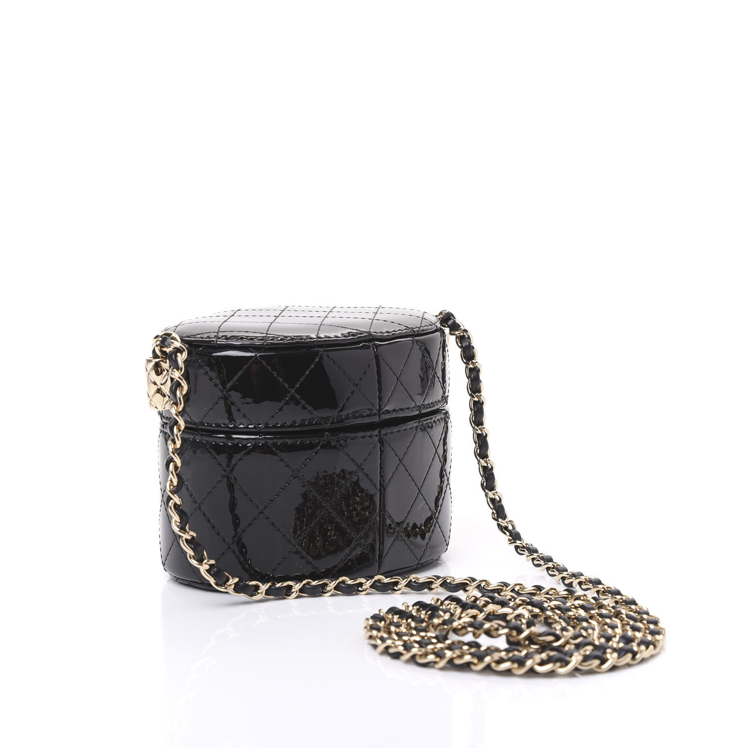 CHANEL Patent Quilted Round Small Vanity With Chain Black 591383