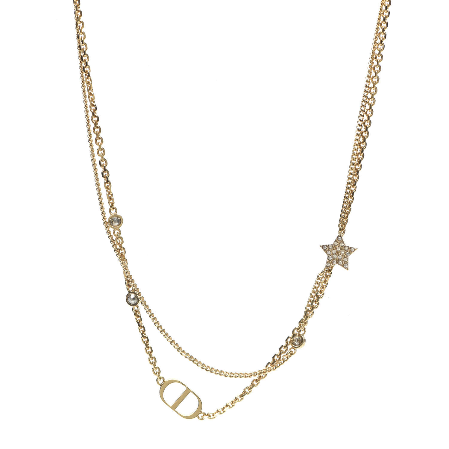 CHRISTIAN DIOR Metal Crystal Petit CD Double Necklace Gold 640179