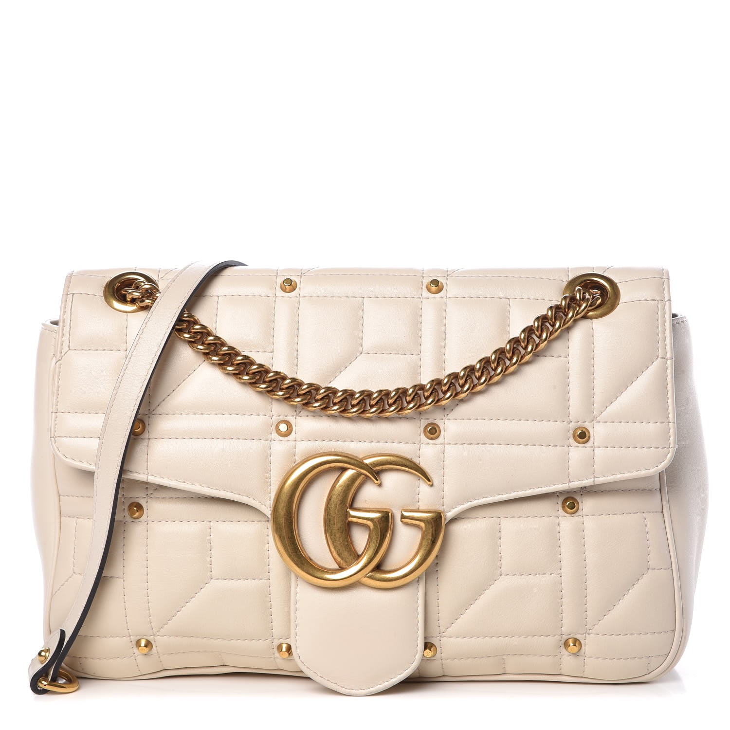 GUCCI Calfskin Matelasse Studded Medium GG Marmont Shoulder Bag White 347304