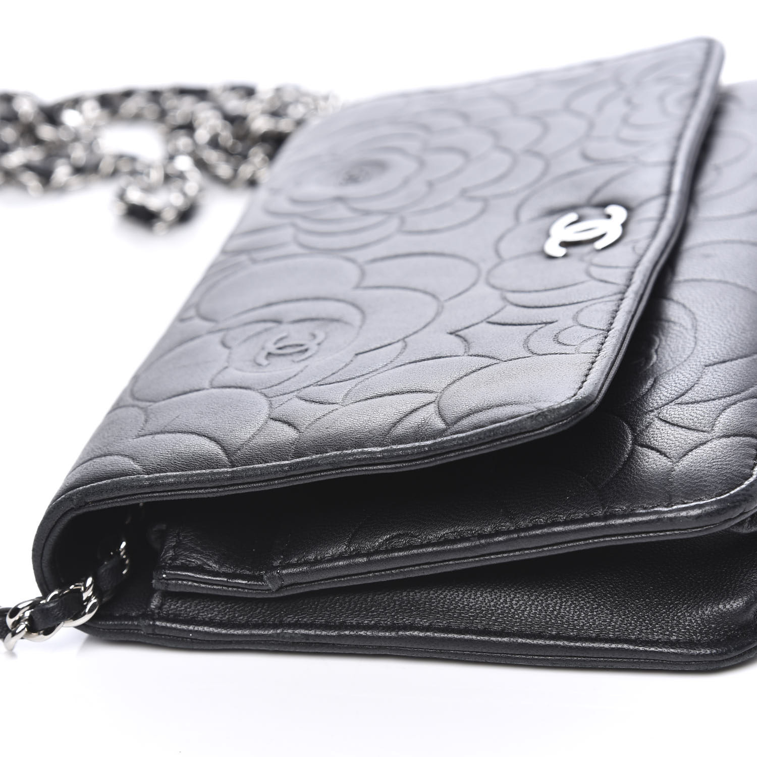 CHANEL Lambskin Camellia Embossed Wallet on Chain WOC Black 582079 ...