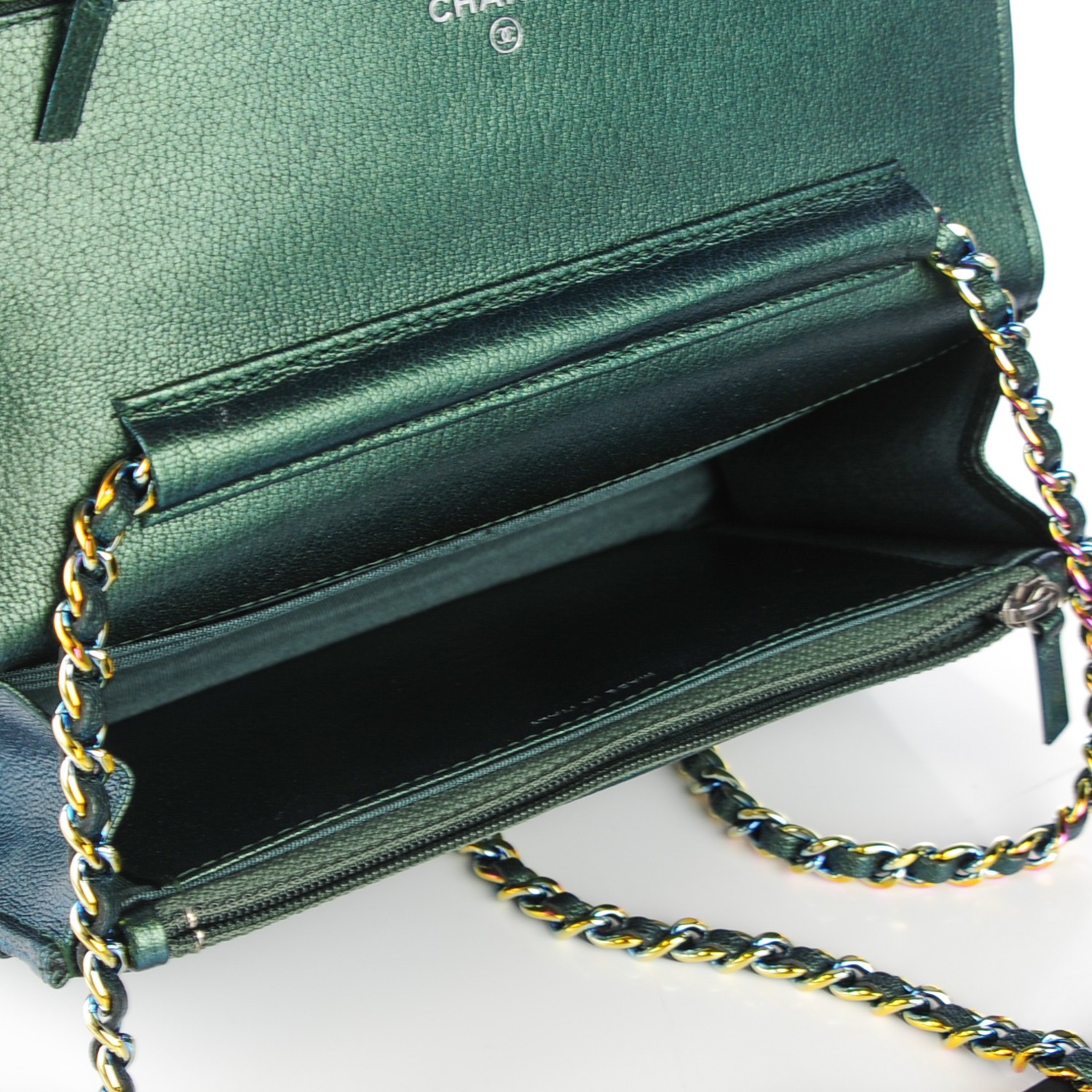 CHANEL Iridescent Goatskin Quilted Wallet On Chain WOC Green 126188