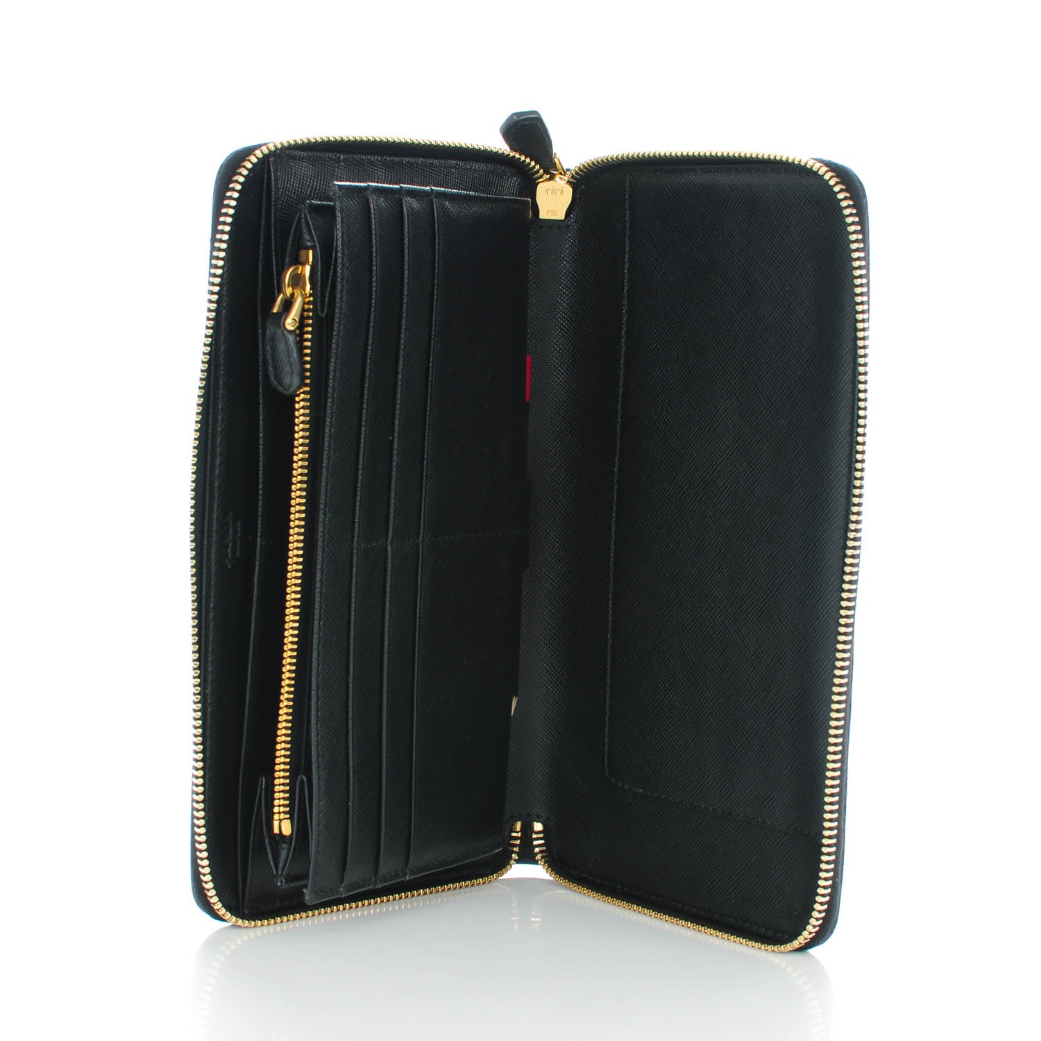 PRADA Saffiano Triangle Large Zip Around Travel Wallet Nero Black 141840