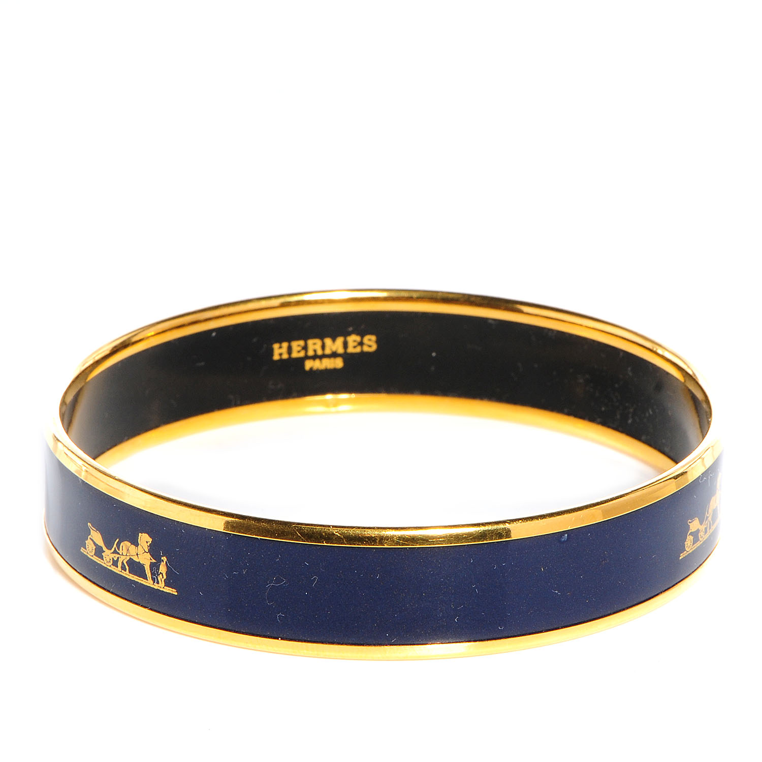 HERMES Enamel Printed Caleche Medium Bracelet 70 Navy Blue 77506