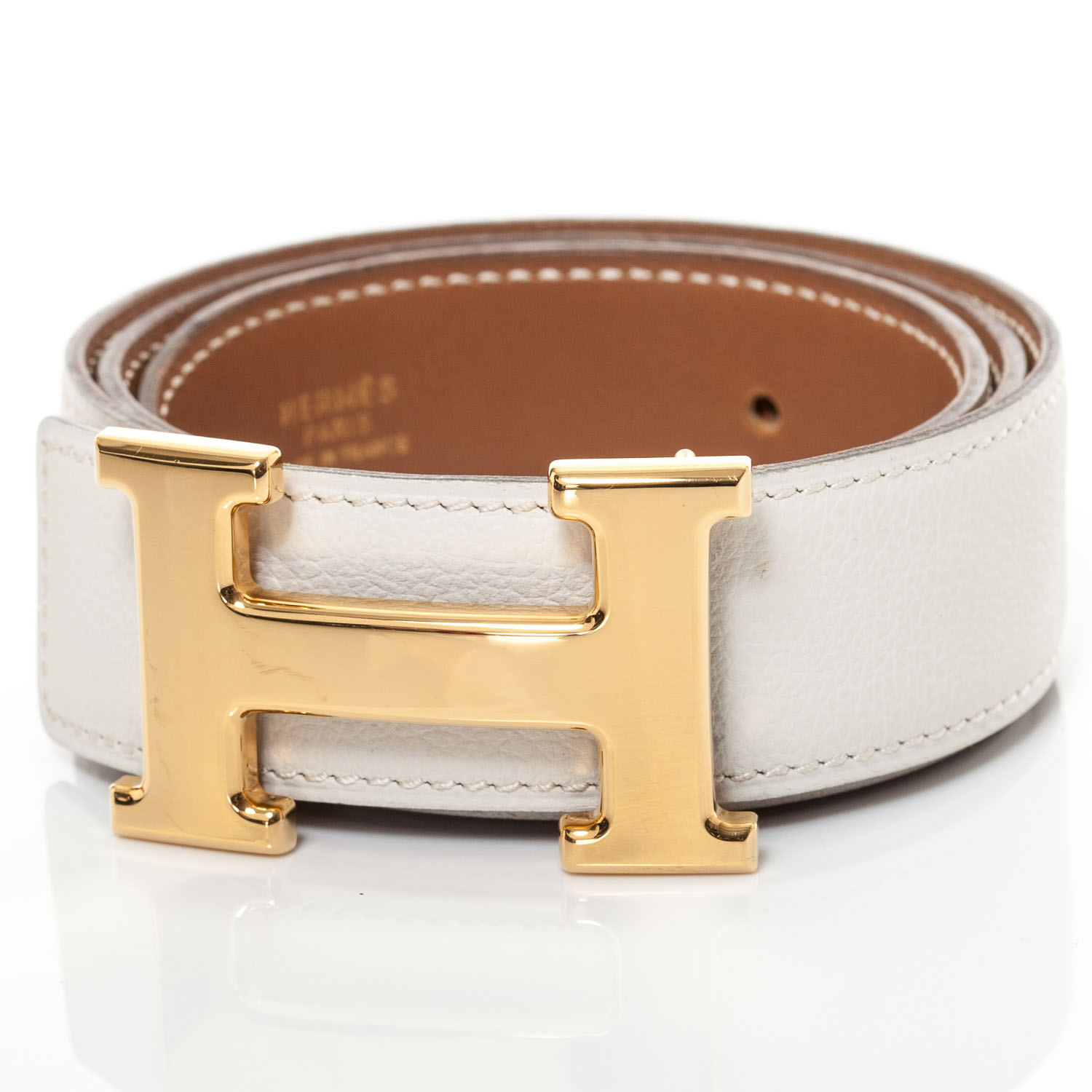 HERMES Leather Reversible H Belt 65 Gold Blanc 35373