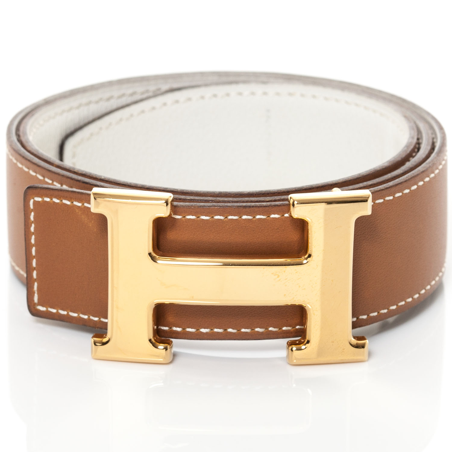 HERMES Leather Reversible H Belt 65 Gold Blanc 35373