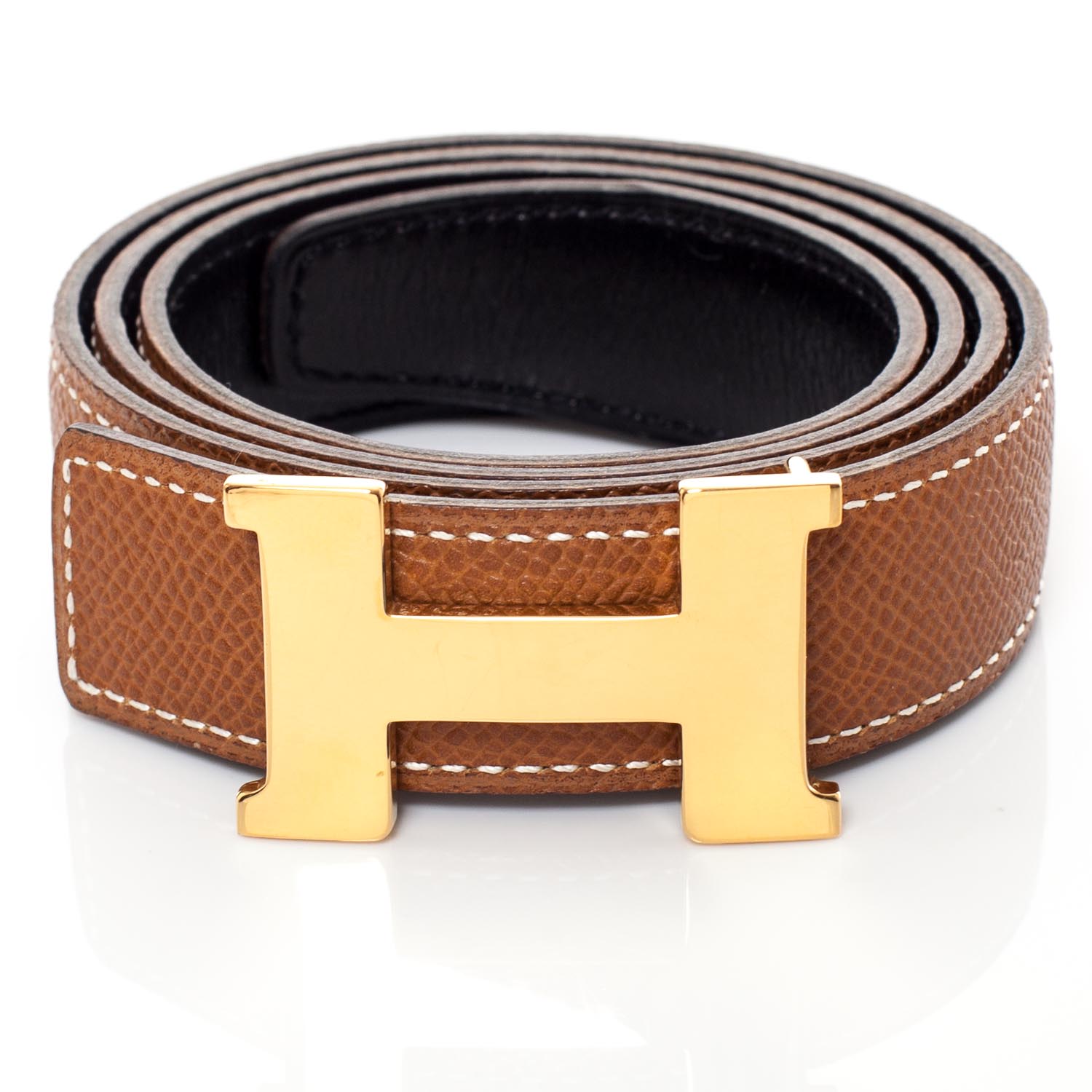 HERMES Thin Mini Reversible H Belt 70 Gold Black 35377 | FASHIONPHILE