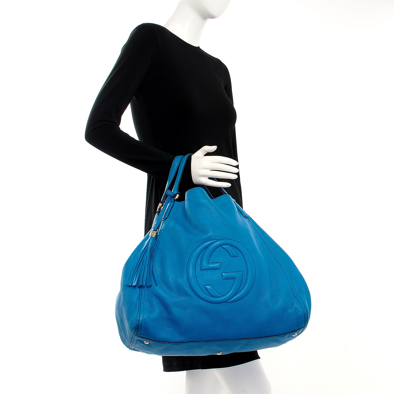 GUCCI Pebbled Calfskin Large Soho Shoulder Bag Riviera Blue 212230