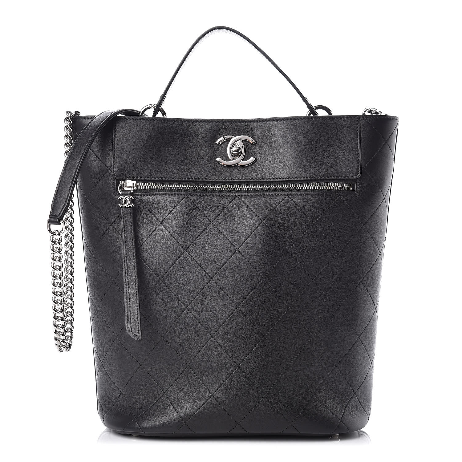 CHANEL Calfskin Stitched Bucket Bag Black 380895