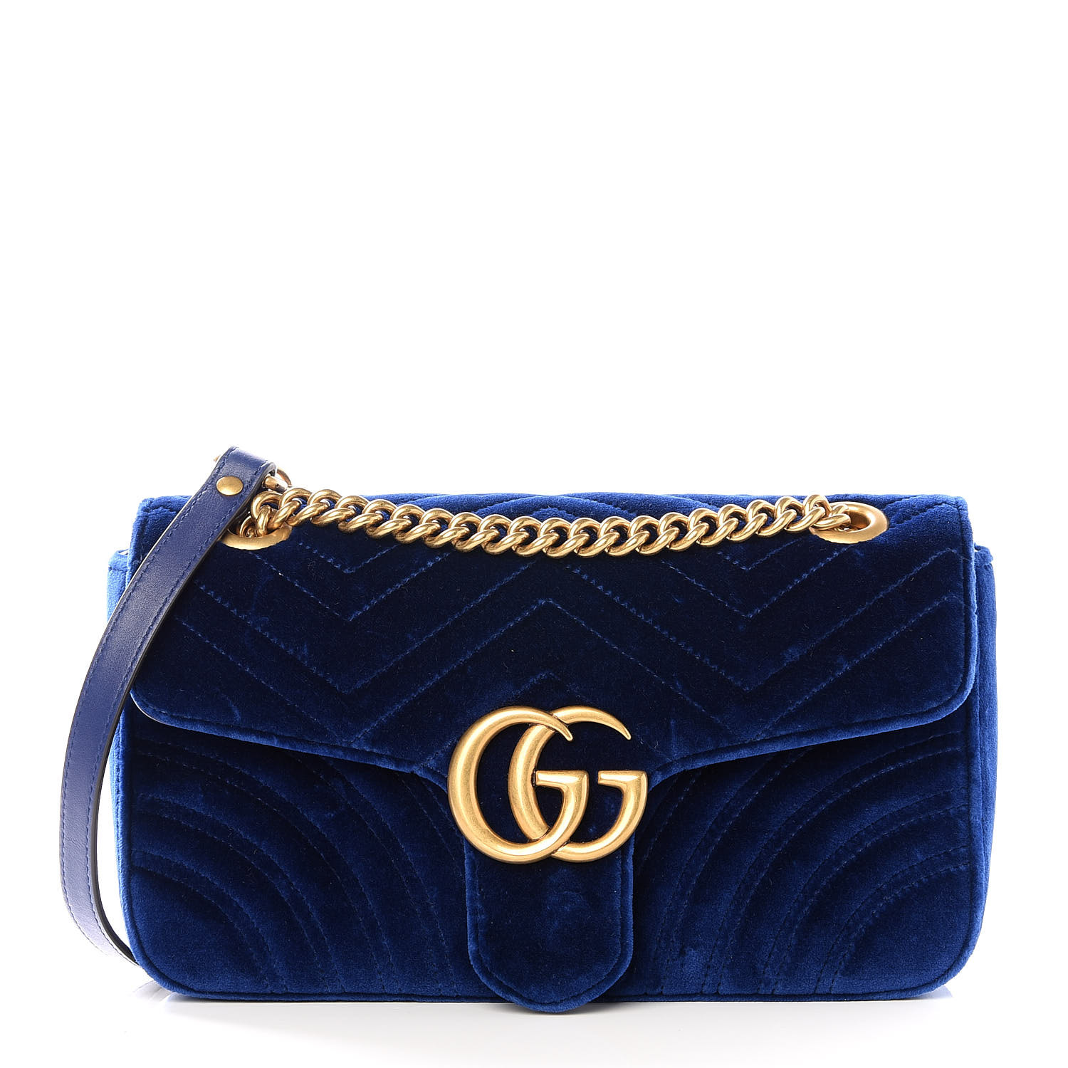GUCCI Velvet Matelasse Small GG Marmont Shoulder Bag Cobalt Blue 572685