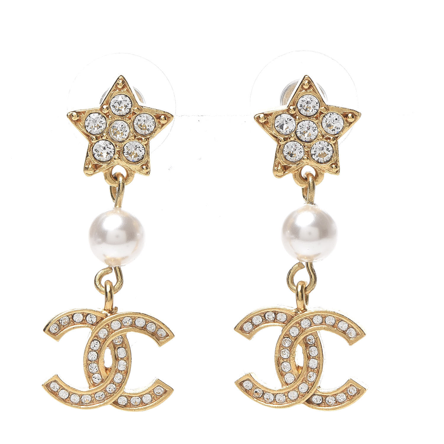 Chanel Crystal Pearl Cc Star Drop Earrings Gold Fashionphile