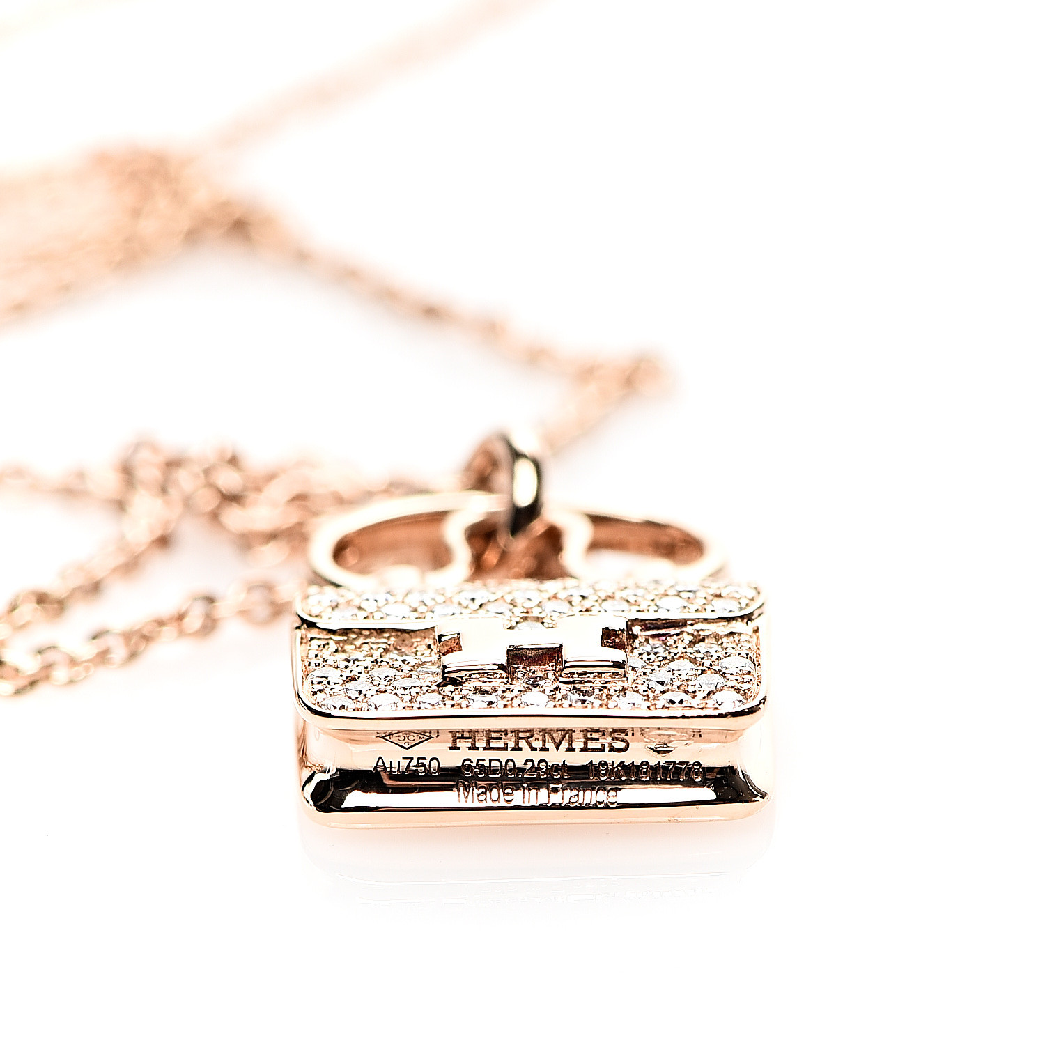 HERMES 18K Rose Gold Diamond Constance Amulette Pendant Necklace 558856