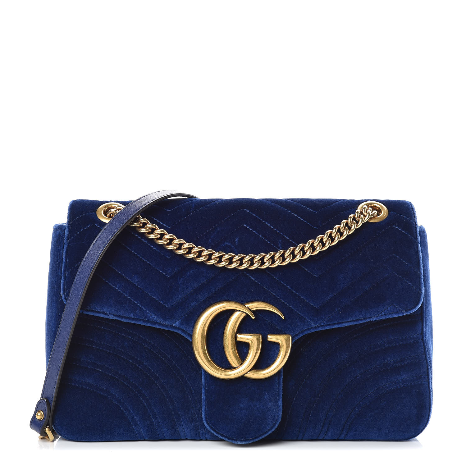 GUCCI Velvet Matelasse Medium GG Marmont Shoulder Bag Cobalt Blue 400699