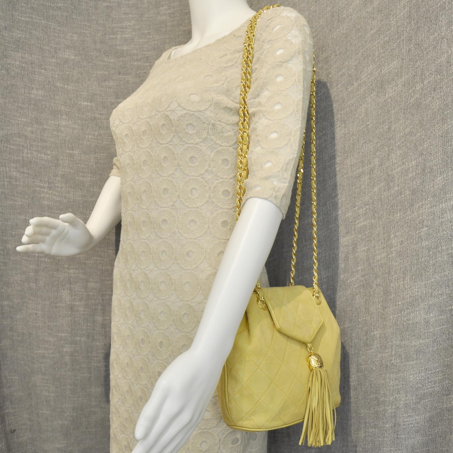 CHANEL Suede Quilted Tassel Shoulder Bag Yellow 23816