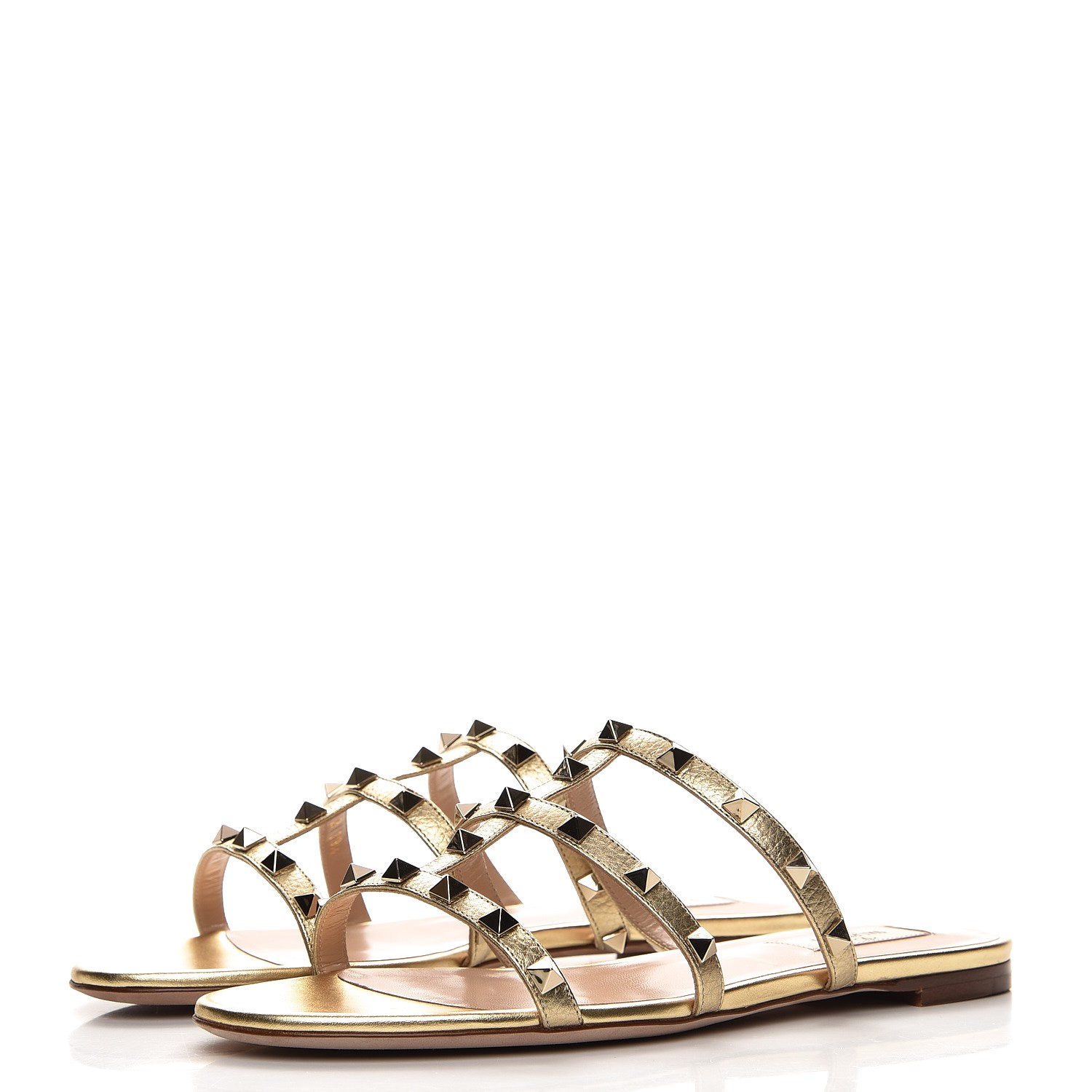 VALENTINO Metallic Calfskin Rockstud Caged Flat Slide Sandals 39.5 Gold ...