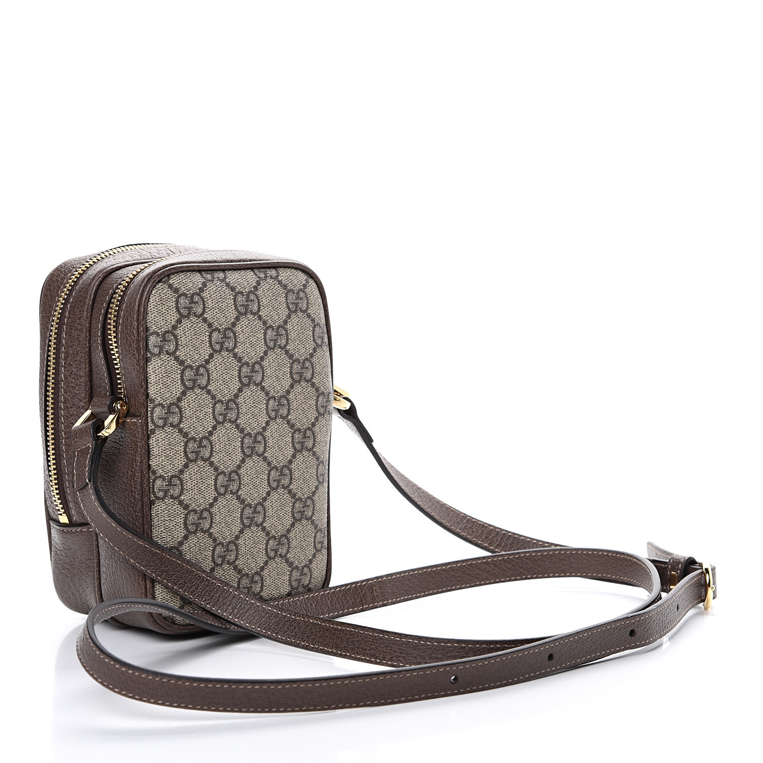 GUCCI GG Supreme Monogram Web Mini Ophidia Double Zip Crossbody Bag Brown 557500