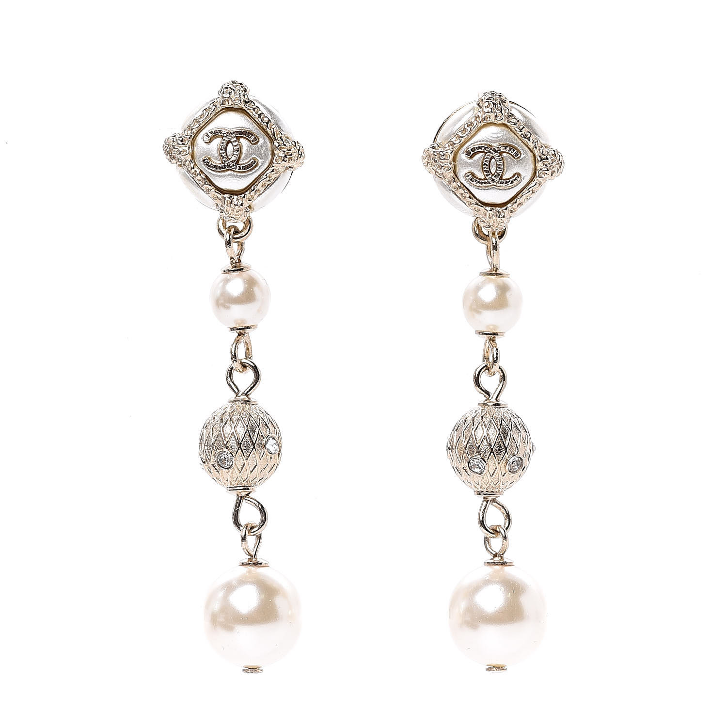 CHANEL Pearl Crystal CC Drop Earrings Gold 499711